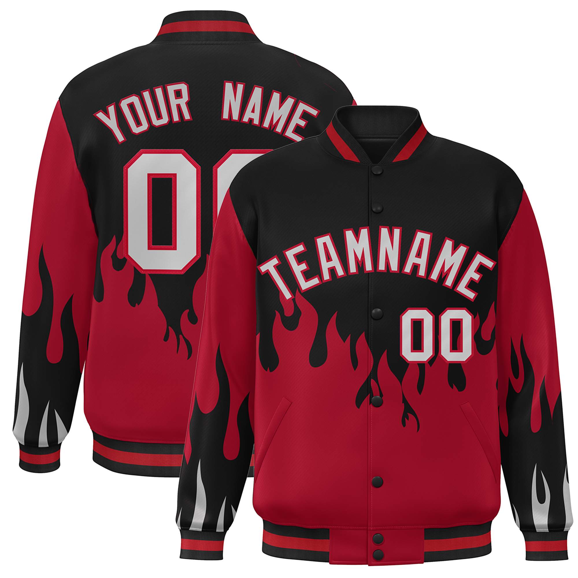 Custom Black Red-Gray Flame Graffiti Pattern Bomber Varsity Full-Snap Jacket