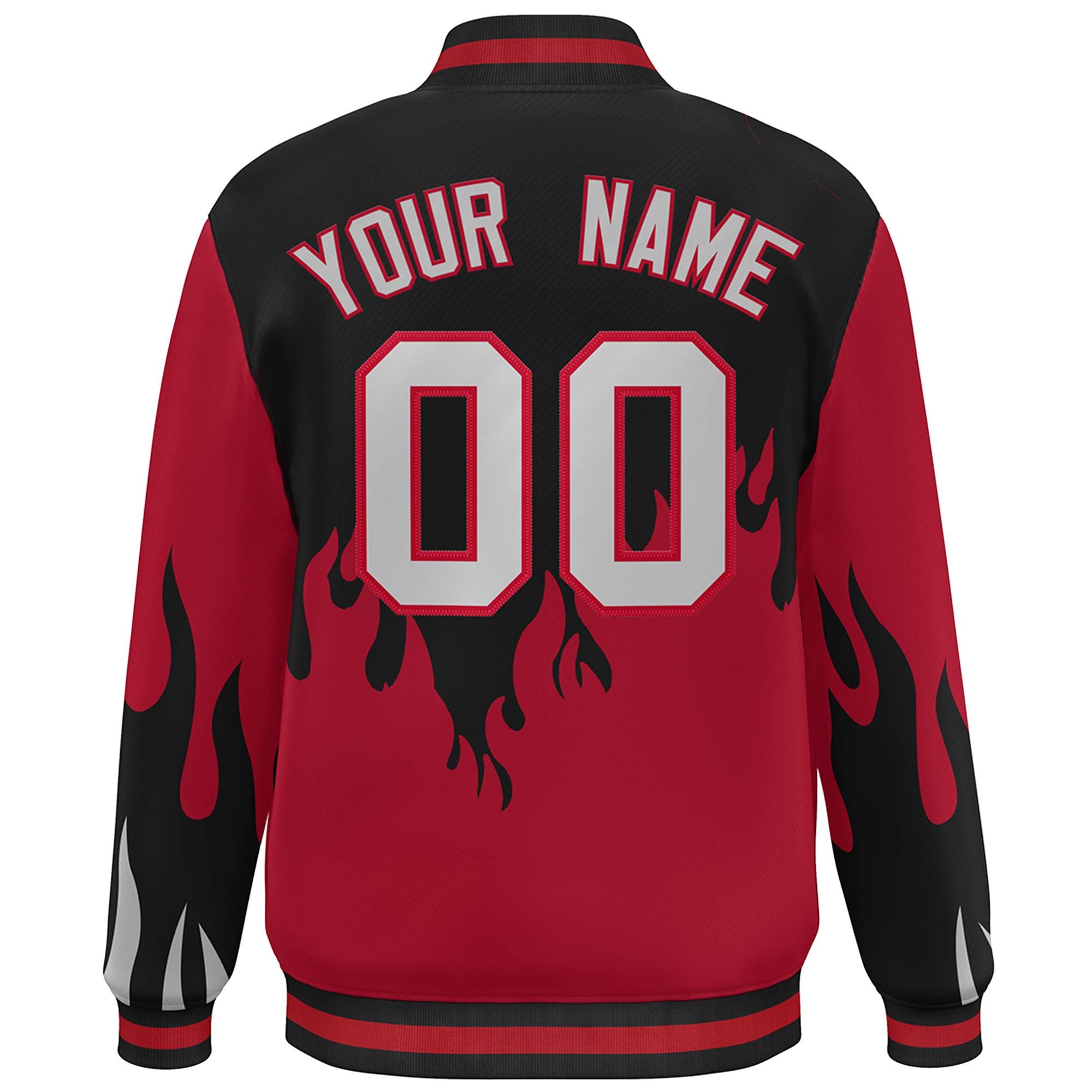 Custom Black Red-Gray Flame Graffiti Pattern Bomber Varsity Full-Snap Jacket