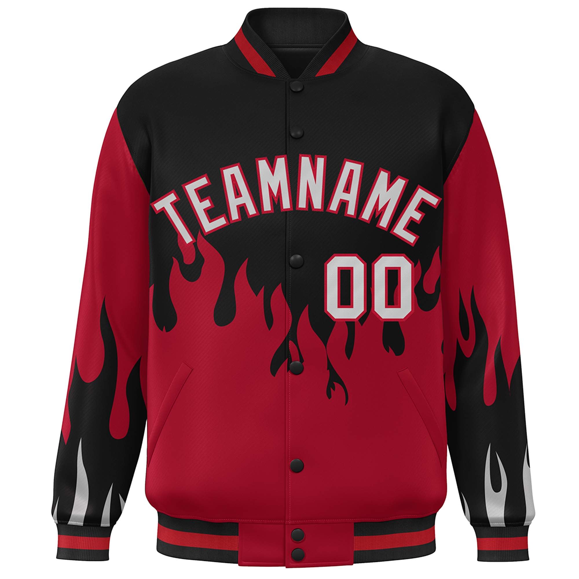 Custom Black Red-Gray Flame Graffiti Pattern Bomber Varsity Full-Snap Jacket