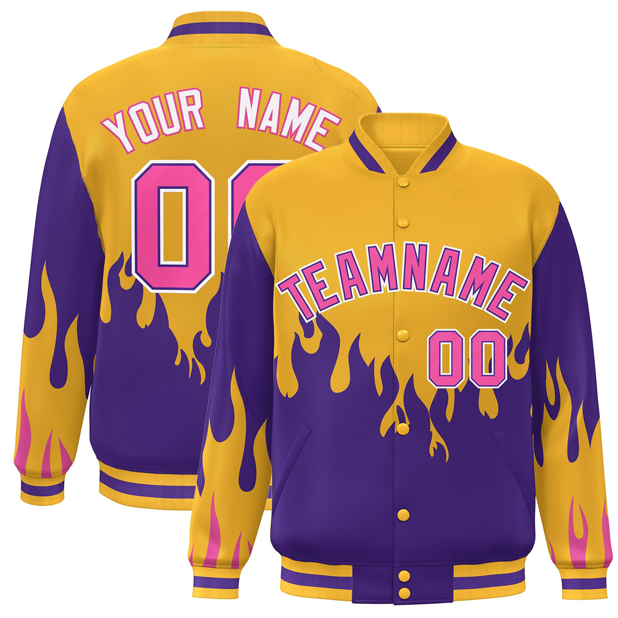 Custom Gold Purple-Pink Flame Graffiti Pattern Bomber Varsity Full-Snap Jacket