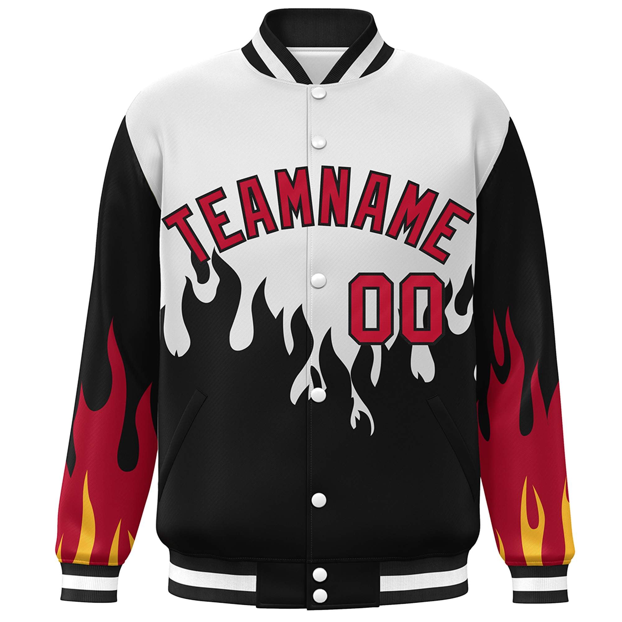 Custom White Black-Red Flame Graffiti Pattern Bomber Varsity Full-Snap Jacket