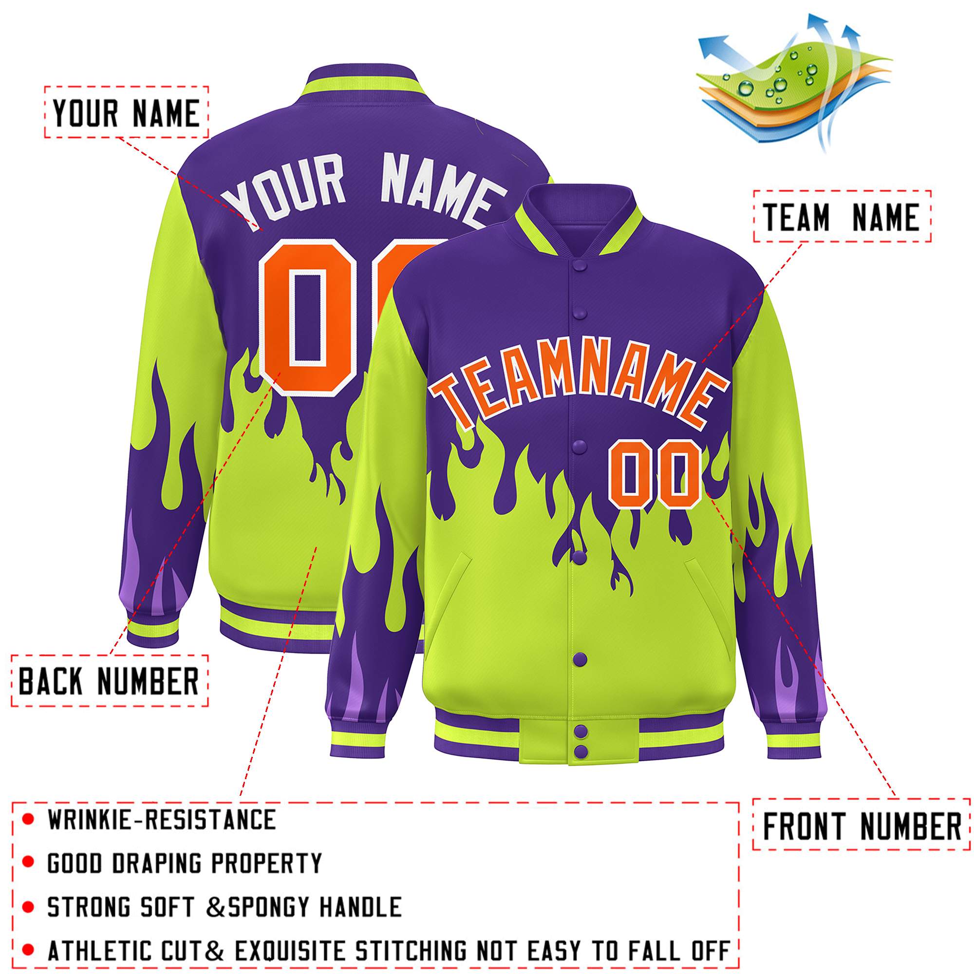 Custom Purple Neon Green-Orange Flame Graffiti Pattern Bomber Varsity Full-Snap Jacket