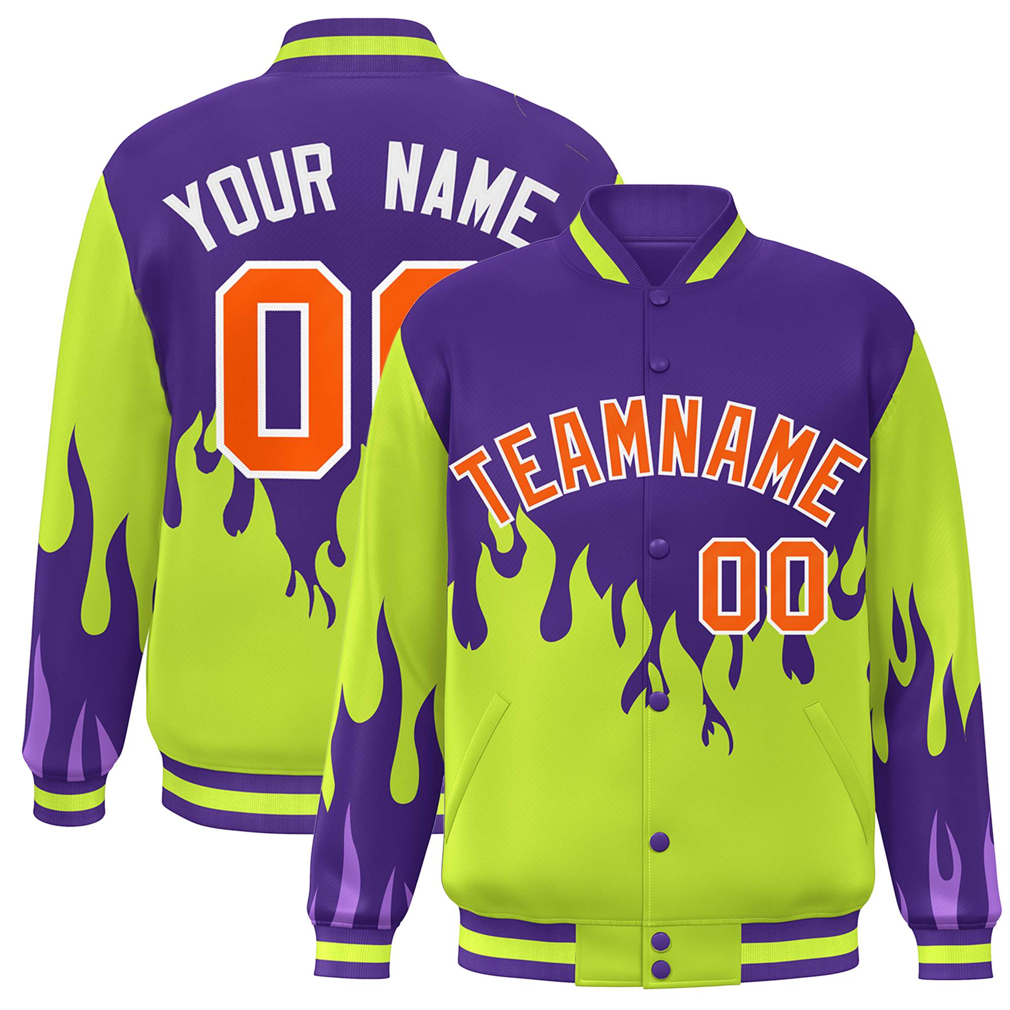 Custom Purple Neon Green-Orange Flame Graffiti Pattern Bomber Varsity Full-Snap Jacket