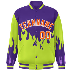 Custom Purple Neon Green-Orange Flame Graffiti Pattern Bomber Varsity Full-Snap Jacket