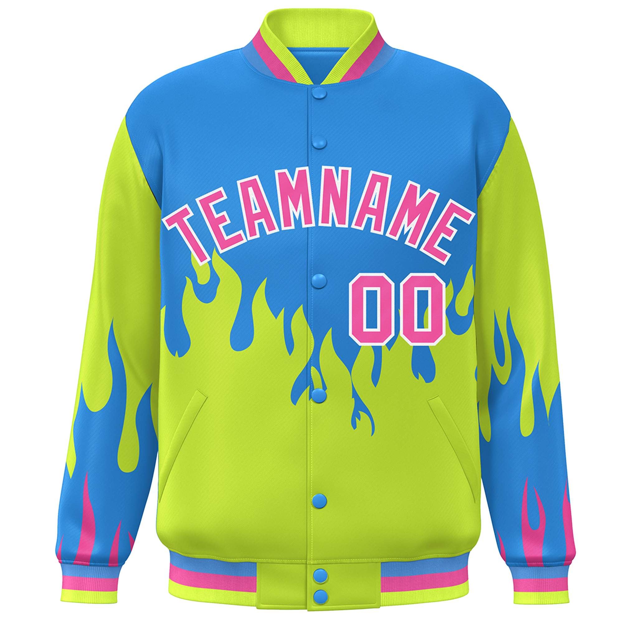 Custom Powder Blue Neon Green-Pink Flame Graffiti Pattern Bomber Varsity Full-Snap Jacket