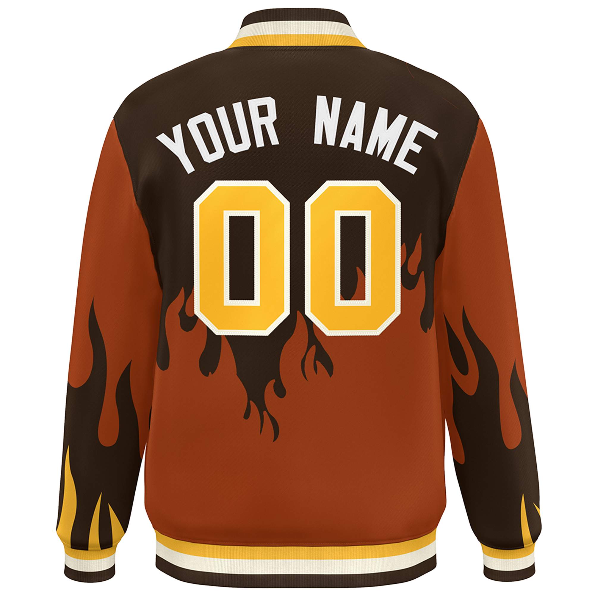 Custom Brown Orange-Gold Flame Graffiti Pattern Bomber Varsity Full-Snap Jacket