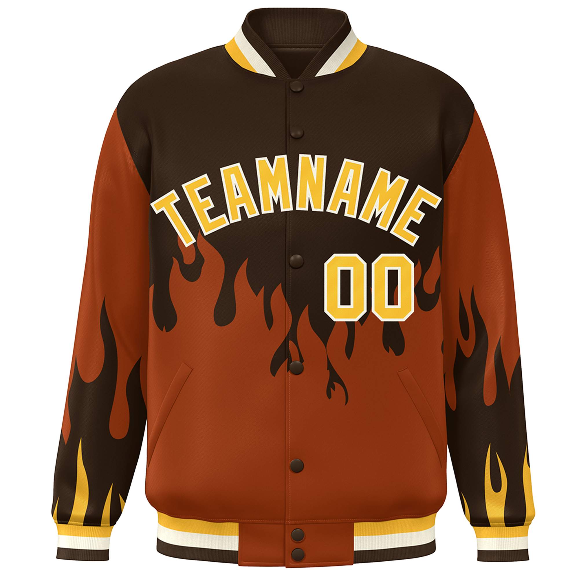 Custom Brown Orange-Gold Flame Graffiti Pattern Bomber Varsity Full-Snap Jacket