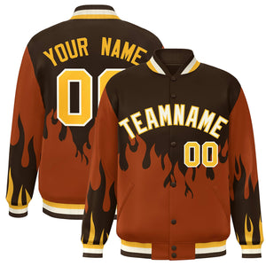 Custom Brown Orange-White Flame Graffiti Pattern Bomber Varsity Full-Snap Jacket