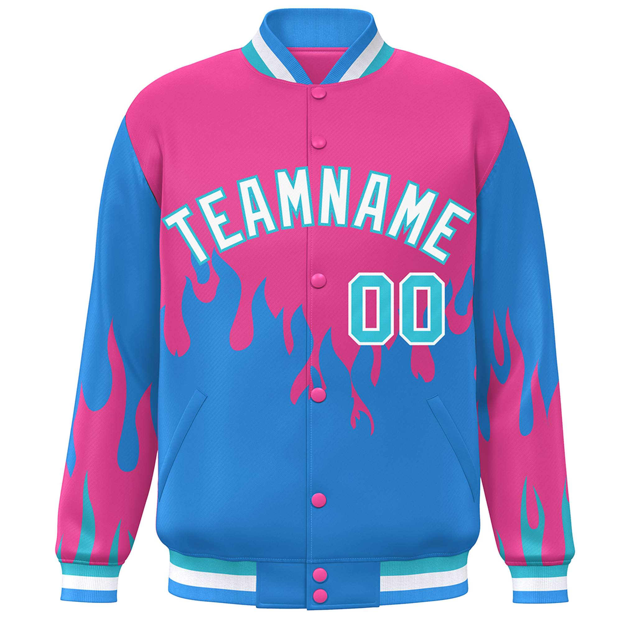 Custom Pink Powder Blue-White Flame Graffiti Pattern Bomber Varsity Full-Snap Jacket