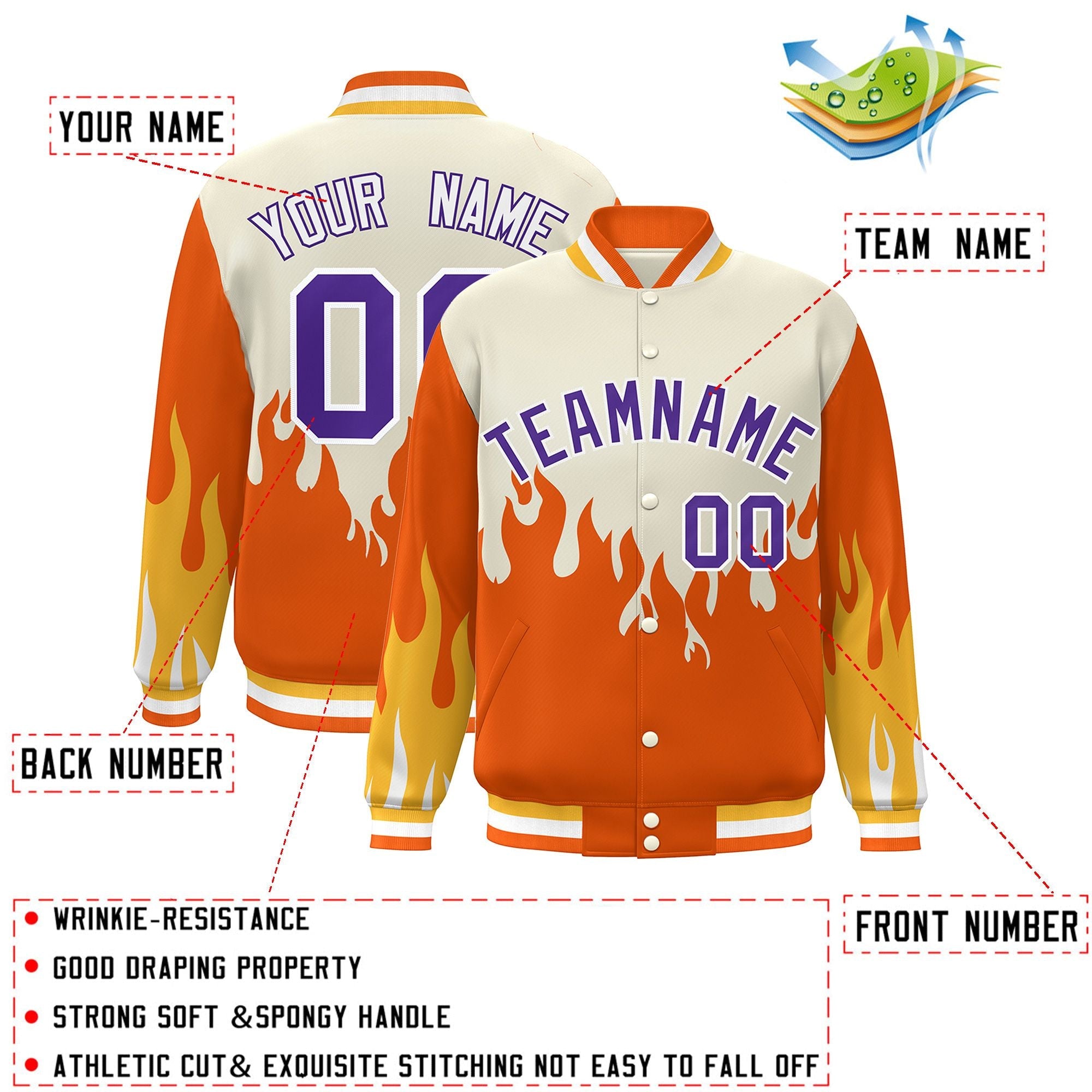 Custom Cream Orange-Purple Flame Graffiti Pattern Bomber Varsity Full-Snap Jacket