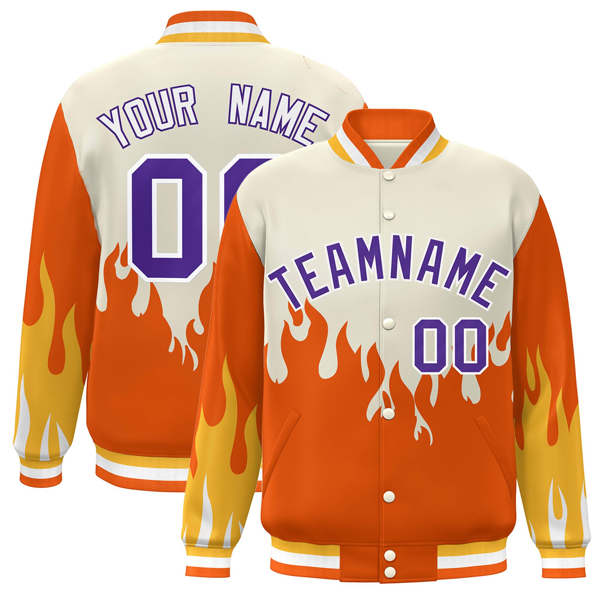 Custom Cream Orange-Purple Flame Graffiti Pattern Bomber Varsity Full-Snap Jacket