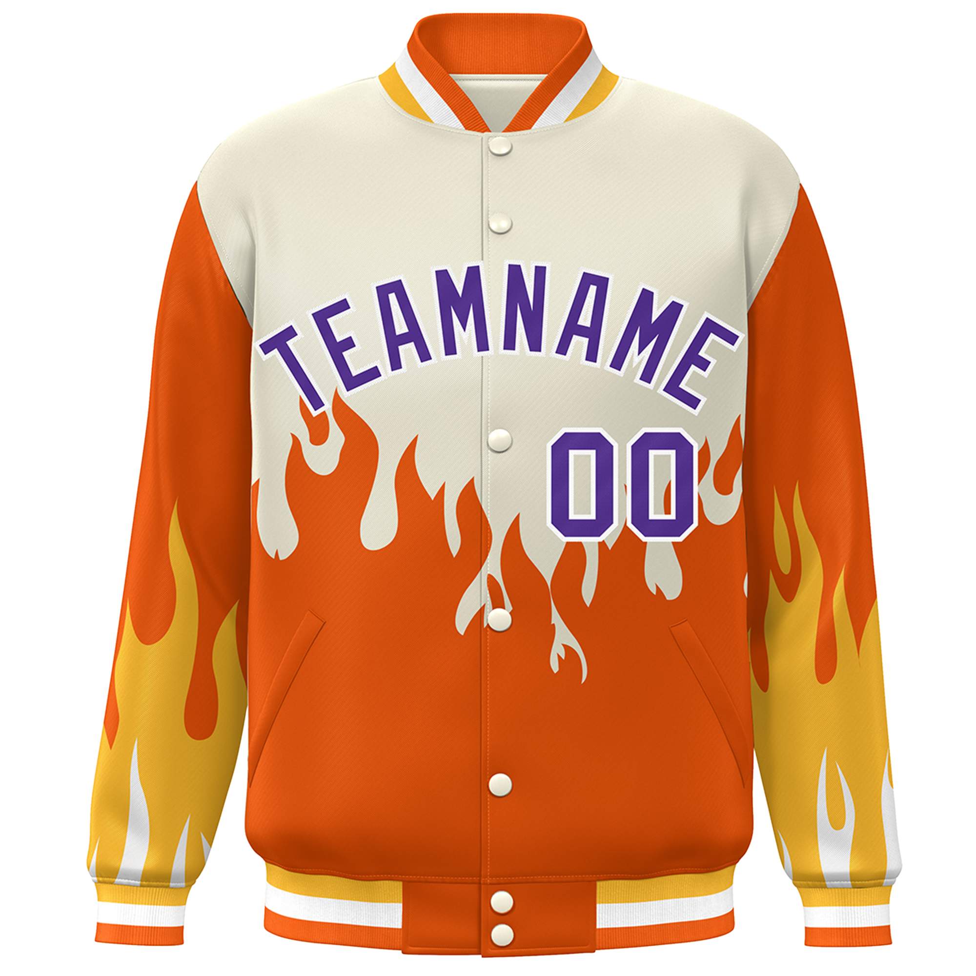 Custom Cream Orange-Purple Flame Graffiti Pattern Bomber Varsity Full-Snap Jacket