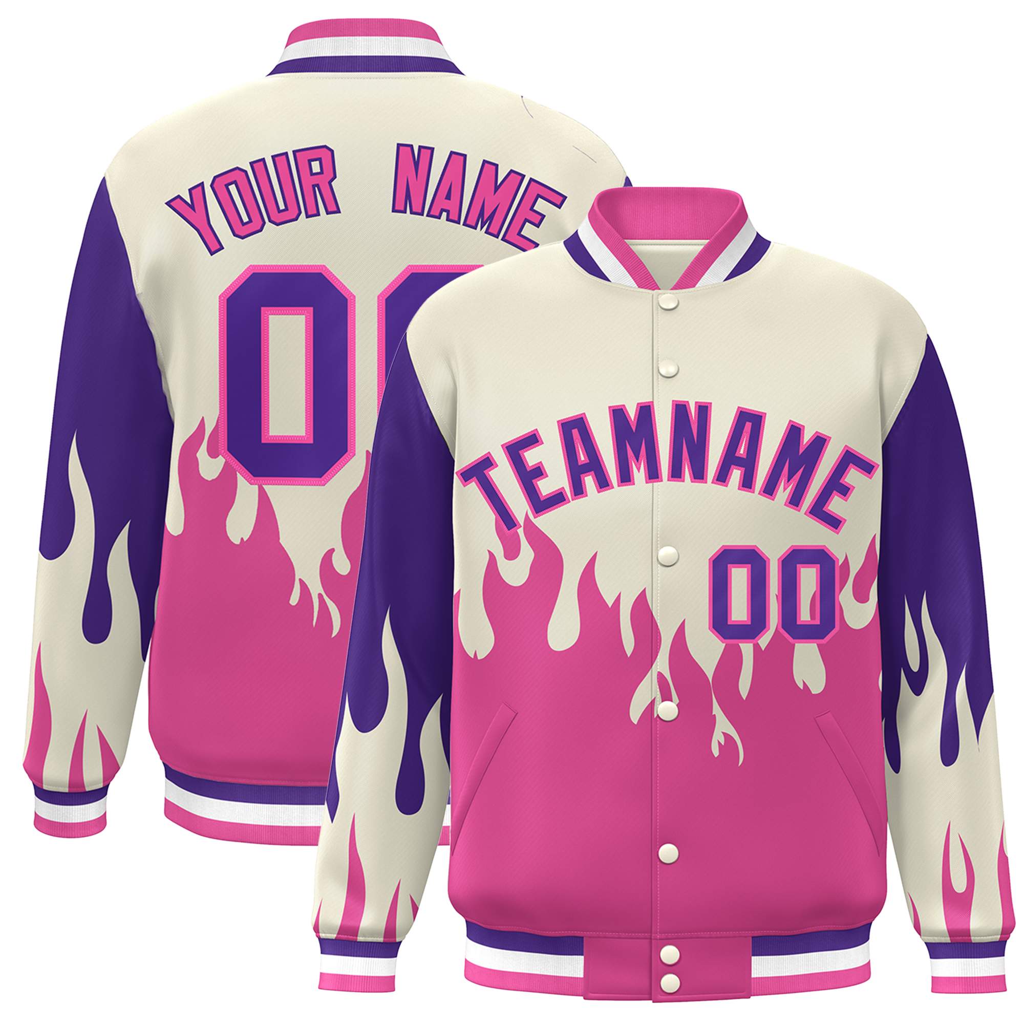 Custom Cream Pink-Purple Flame Graffiti Pattern Bomber Varsity Full-Snap Jacket