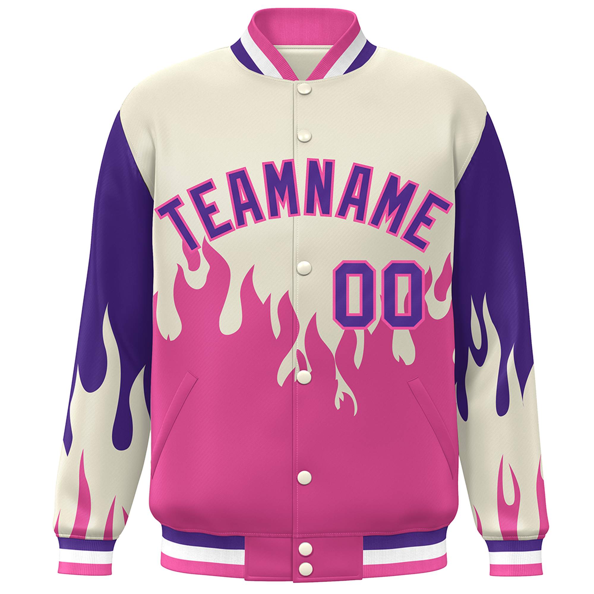 Custom Cream Pink-Purple Flame Graffiti Pattern Bomber Varsity Full-Snap Jacket