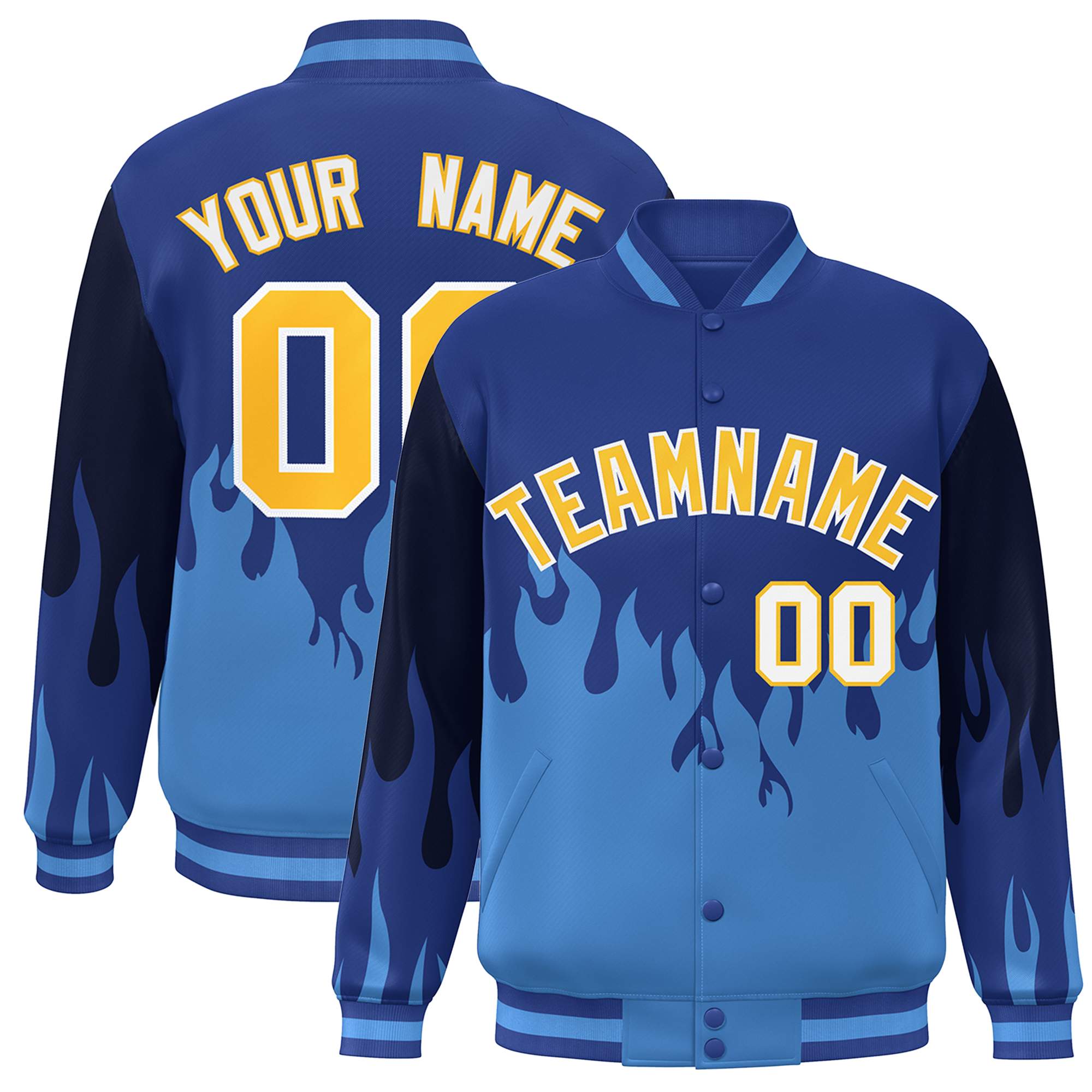 Custom Royal Powder Blue-Gold Flame Graffiti Pattern Bomber Varsity Full-Snap Jacket