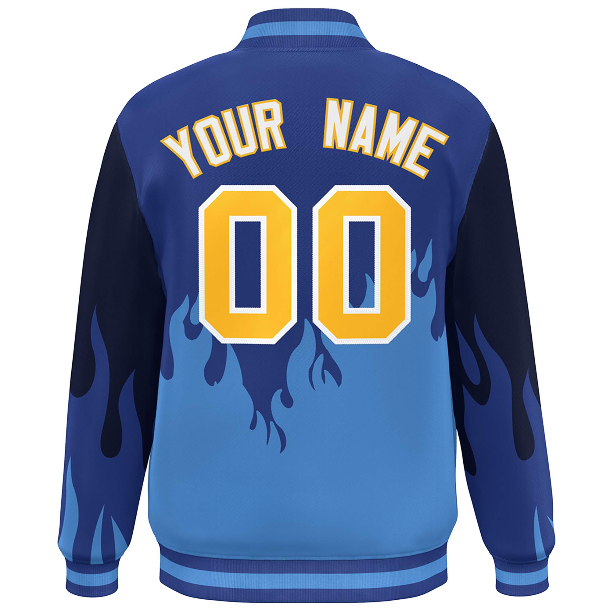 Custom Royal Powder Blue-Gold Flame Graffiti Pattern Bomber Varsity Full-Snap Jacket