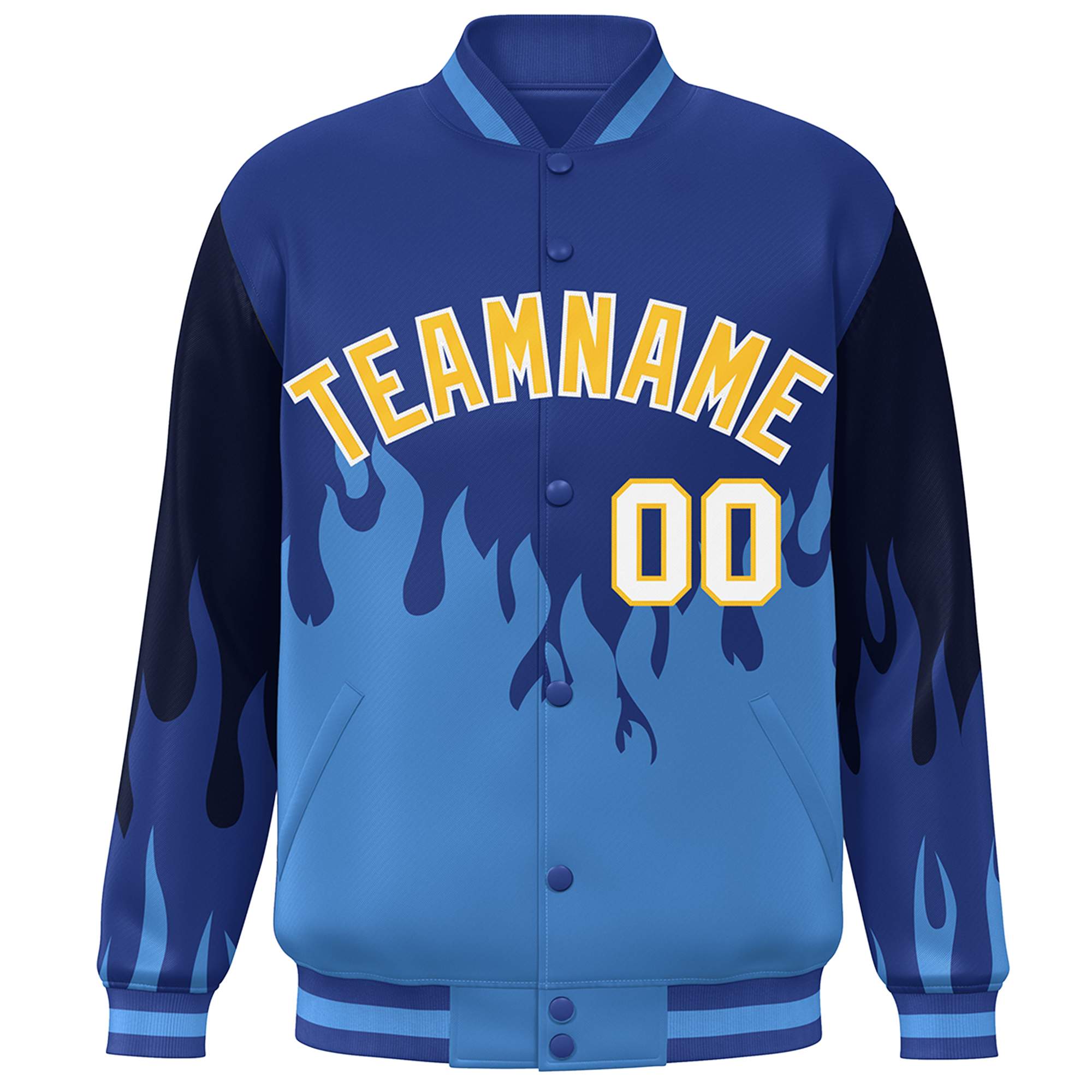 Custom Royal Powder Blue-Gold Flame Graffiti Pattern Bomber Varsity Full-Snap Jacket