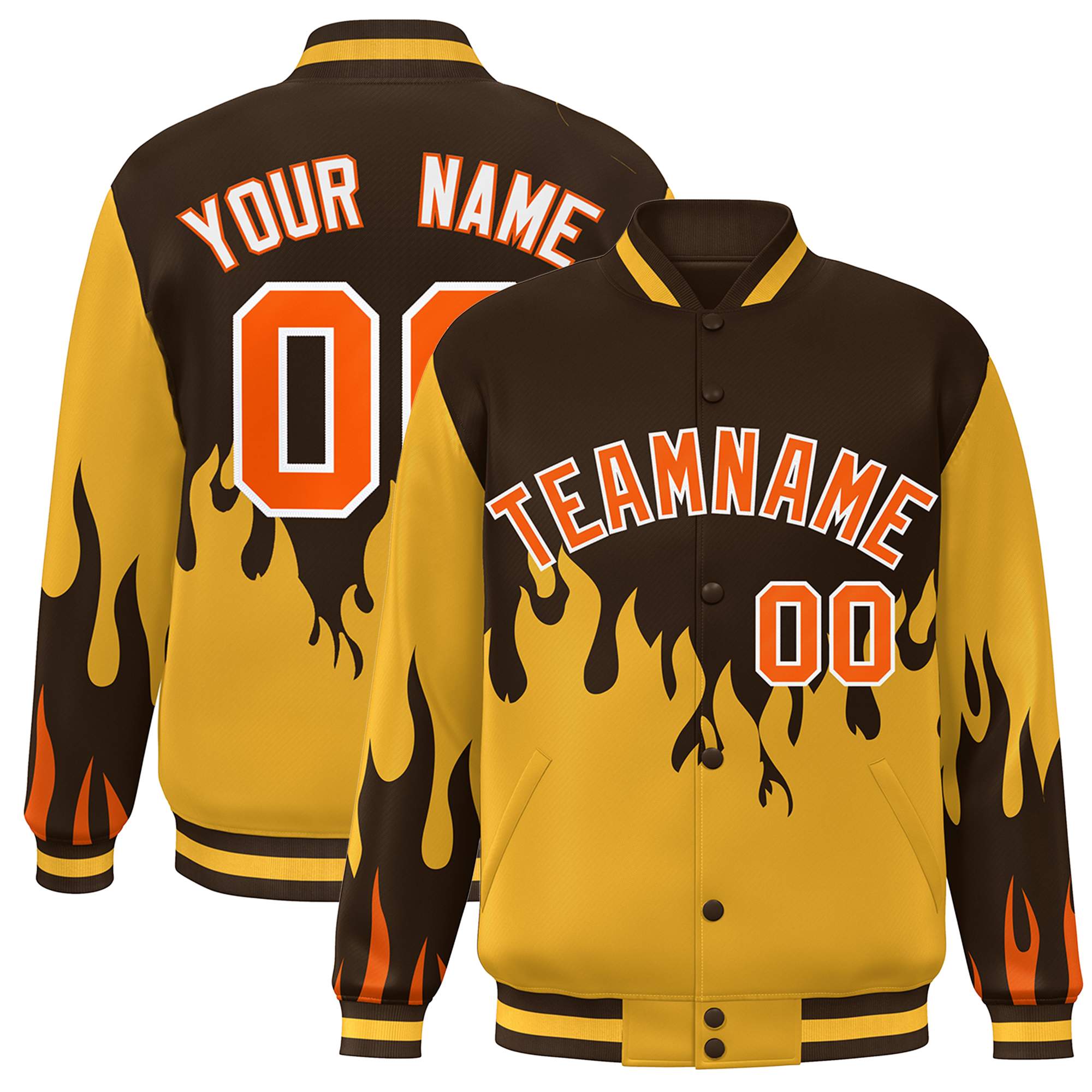 Custom Brown Gold-Orange Flame Graffiti Pattern Bomber Varsity Full-Snap Jacket