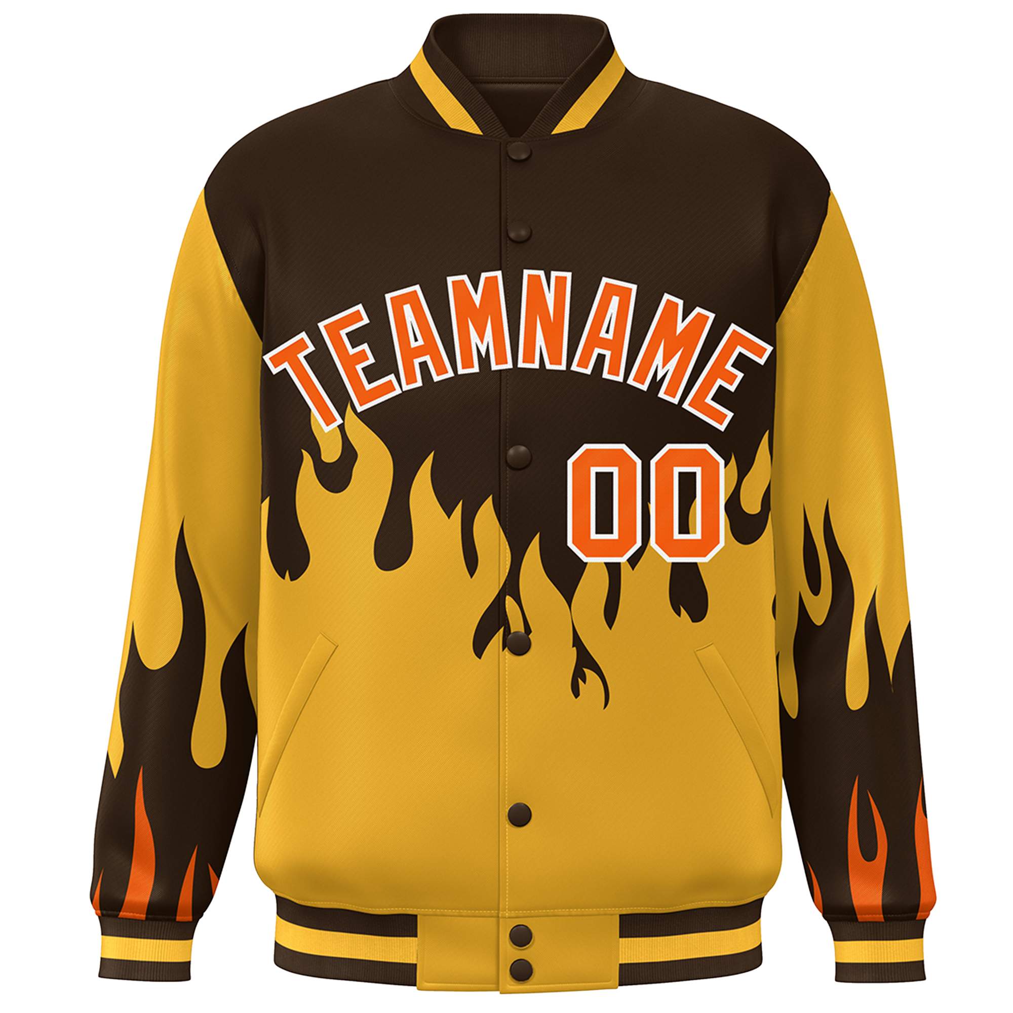 Custom Brown Gold-Orange Flame Graffiti Pattern Bomber Varsity Full-Snap Jacket