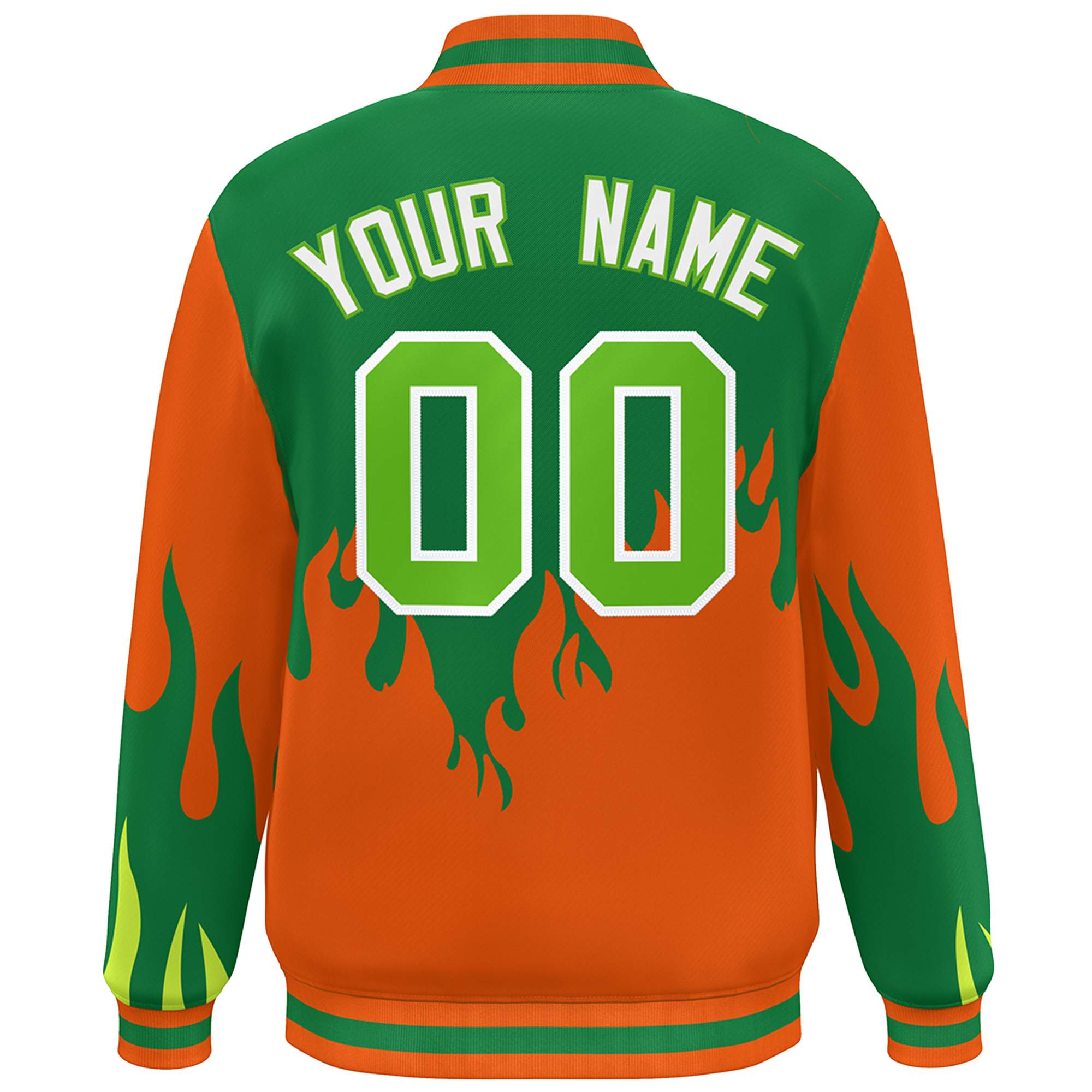 Custom Kelly Green Orange Flame Graffiti Pattern Bomber Varsity Full-Snap Jacket