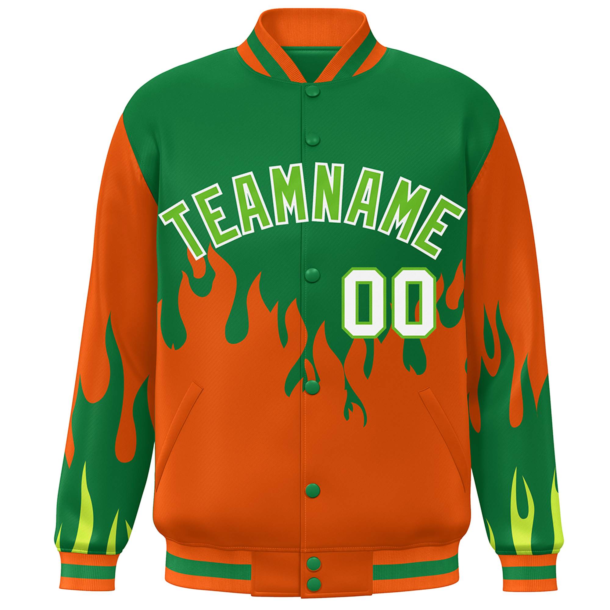 Custom Kelly Green Orange Flame Graffiti Pattern Bomber Varsity Full-Snap Jacket