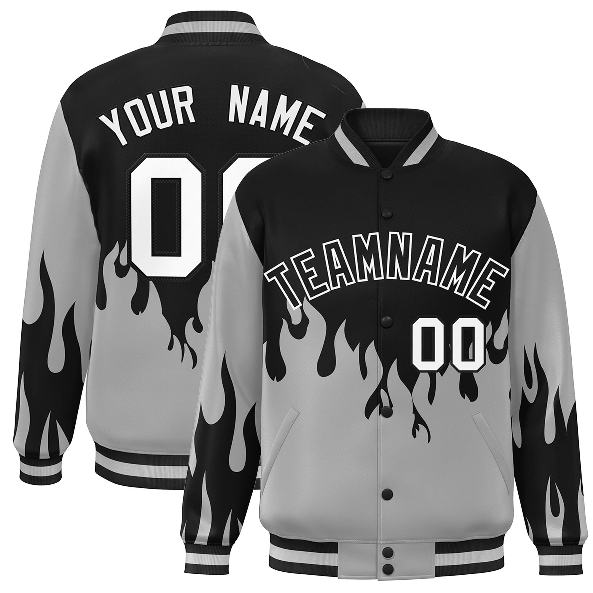 Custom Black Gray-White Flame Graffiti Pattern Bomber Varsity Full-Snap Jacket