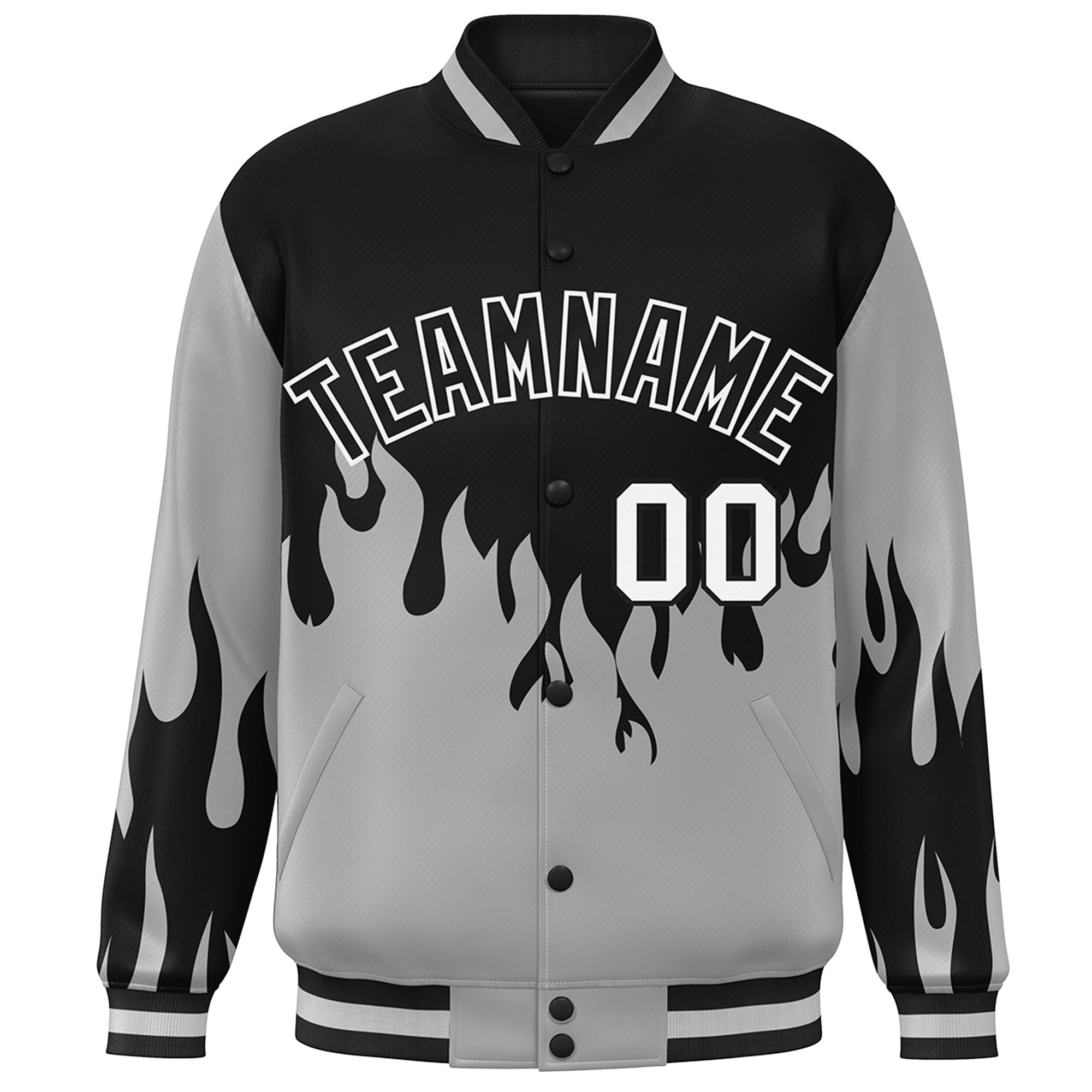 Custom Black Gray-White Flame Graffiti Pattern Bomber Varsity Full-Snap Jacket