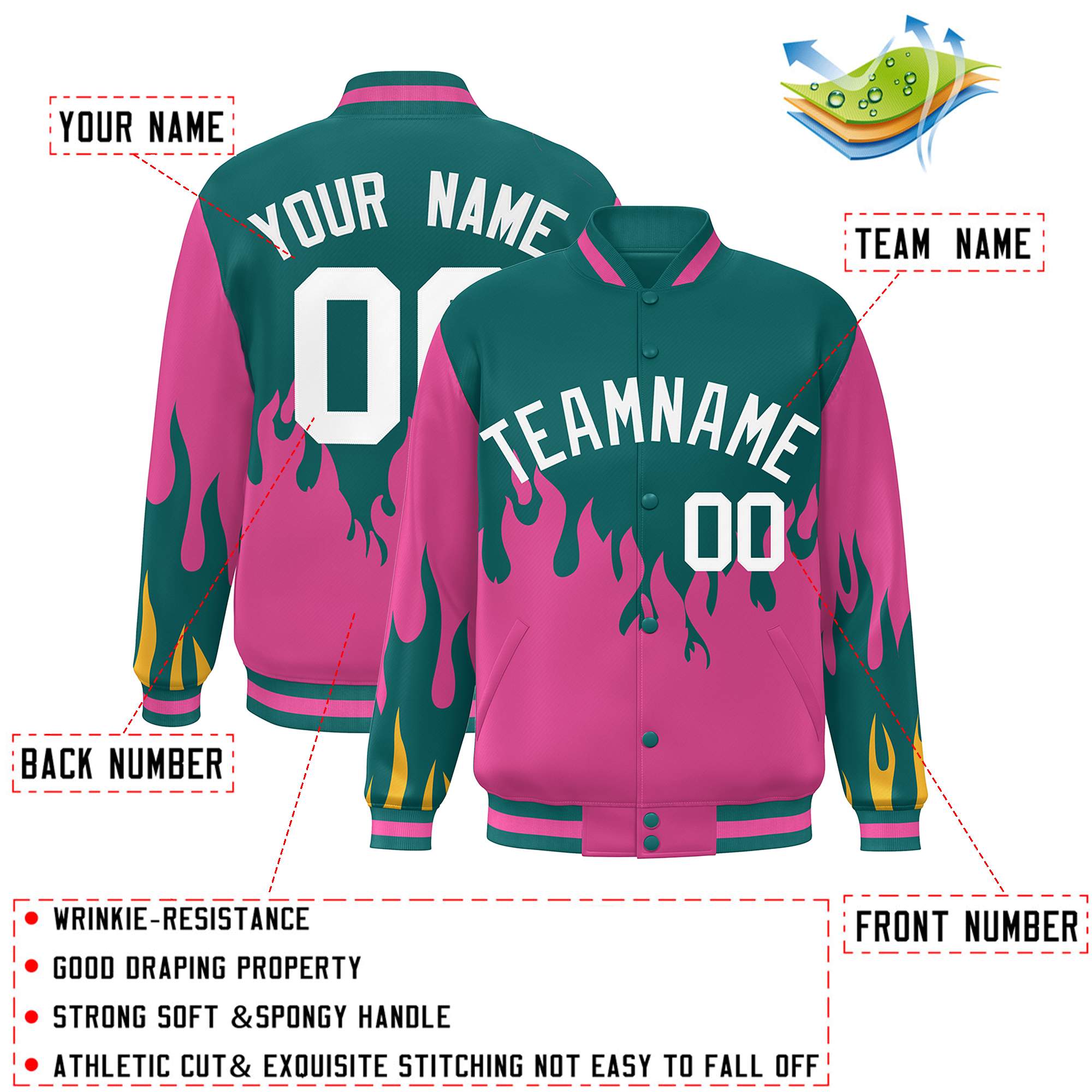 Custom Aqua Pink-White Flame Graffiti Pattern Bomber Varsity Full-Snap Jacket