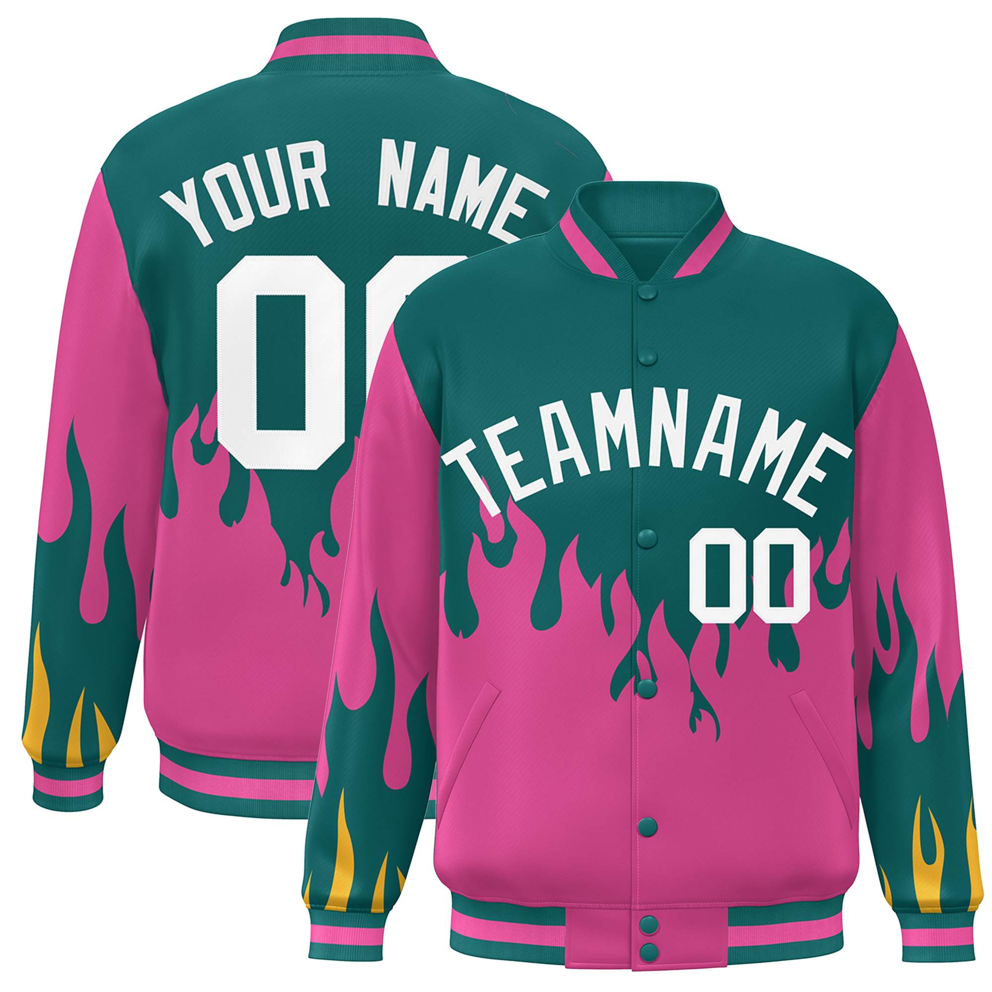 Custom Aqua Pink-White Flame Graffiti Pattern Bomber Varsity Full-Snap Jacket