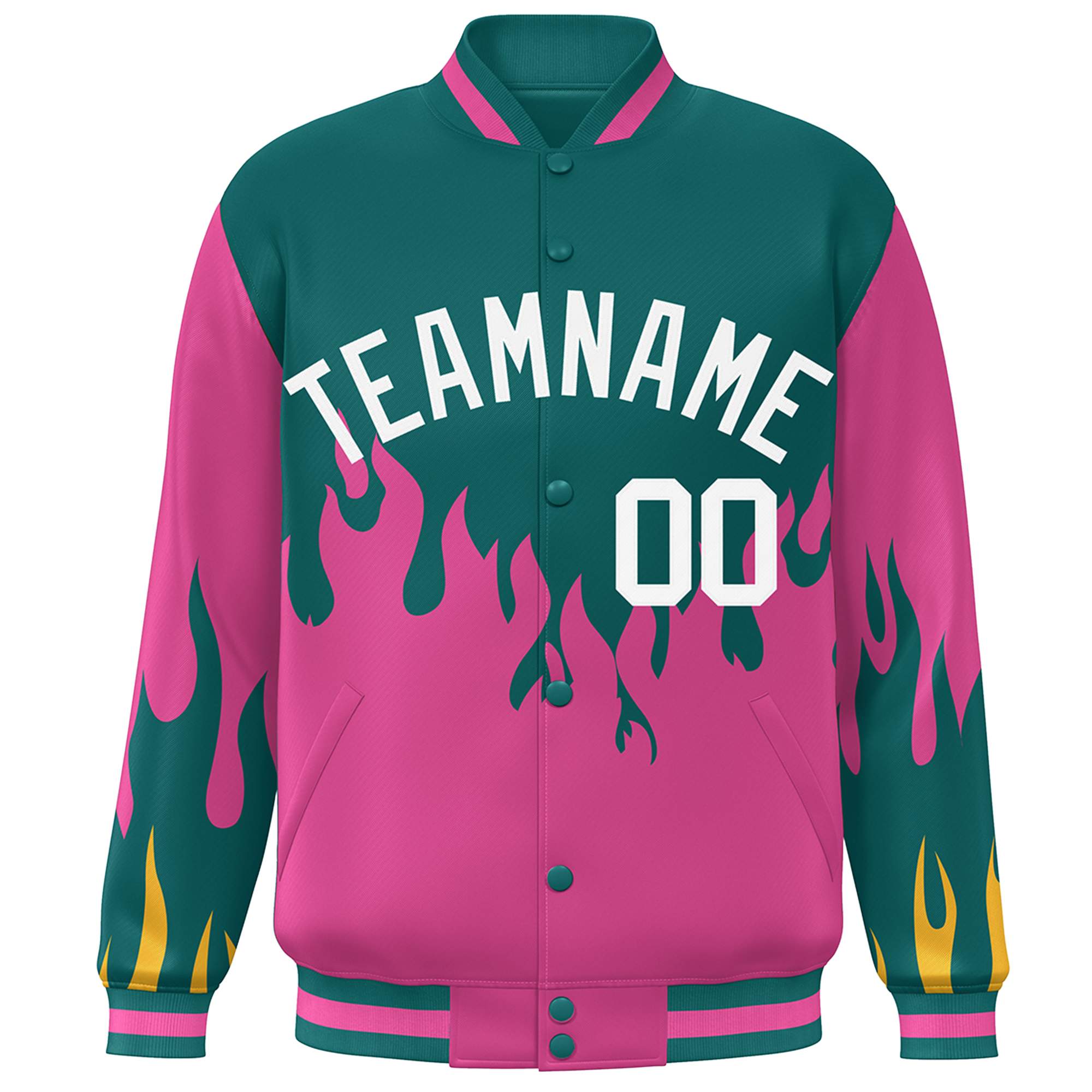 Custom Aqua Pink-White Flame Graffiti Pattern Bomber Varsity Full-Snap Jacket