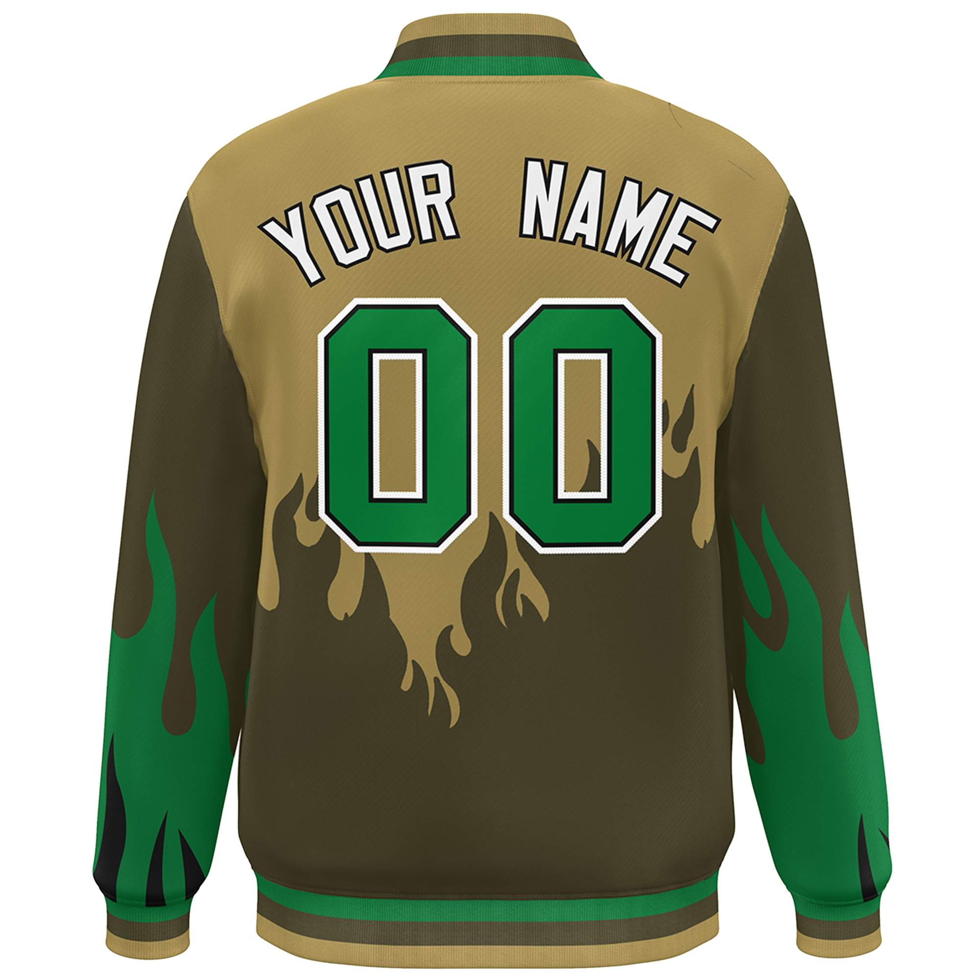 Custom Desert Yellow Olive-Green Flame Graffiti Pattern Bomber Varsity Full-Snap Jacket