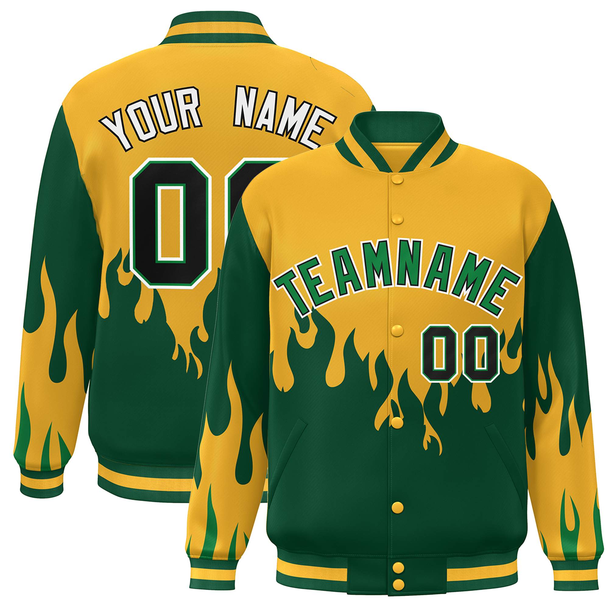 Custom Gold Green-White Flame Graffiti Pattern Bomber Varsity Full-Snap Jacket