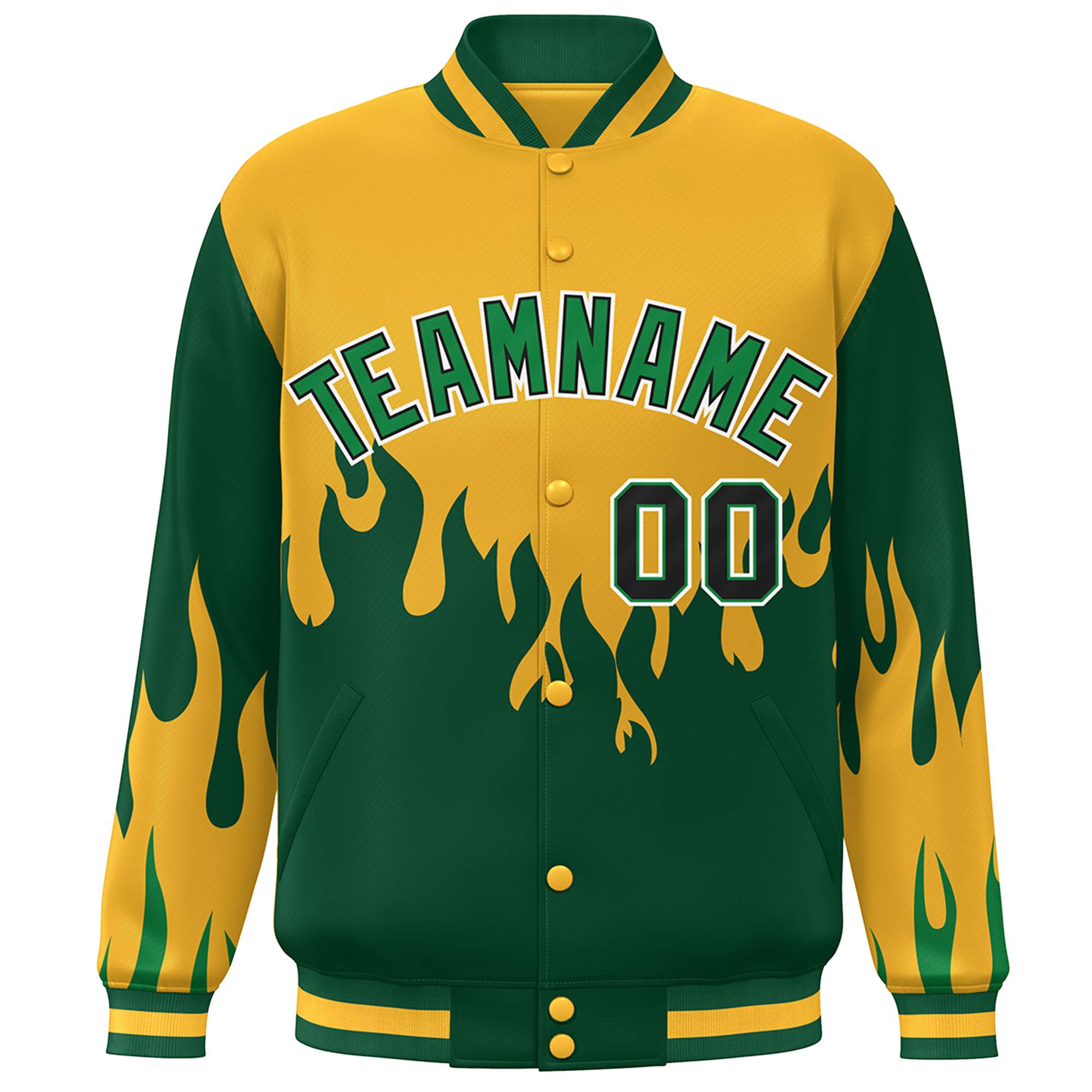 Custom Gold Green-White Flame Graffiti Pattern Bomber Varsity Full-Snap Jacket