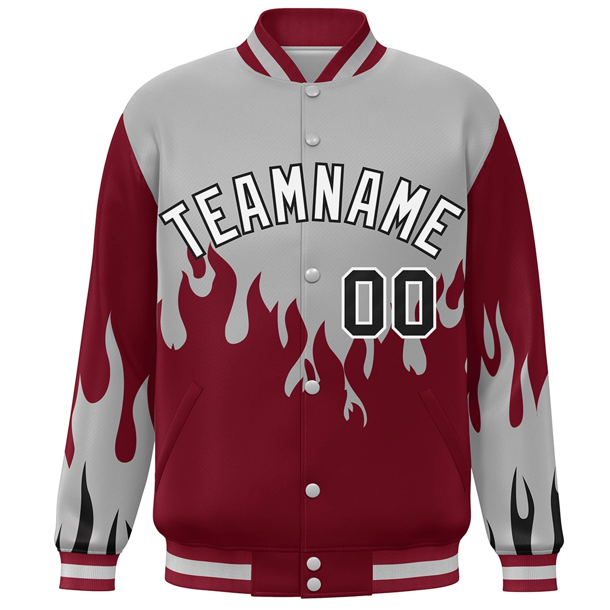 Custom Gray Crimson-White Flame Graffiti Pattern Bomber Varsity Full-Snap Jacket