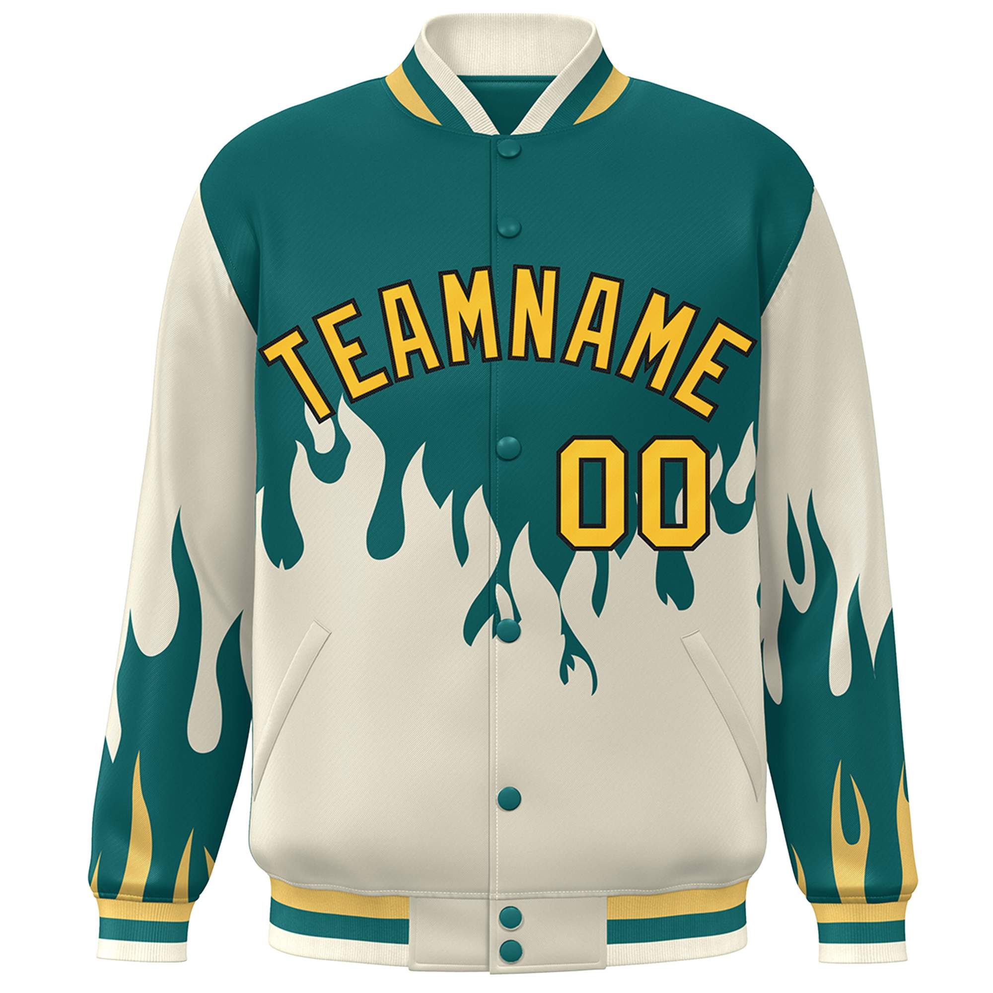 Custom Aqua Cream-Yellow Flame Graffiti Pattern Bomber Varsity Full-Snap Jacket