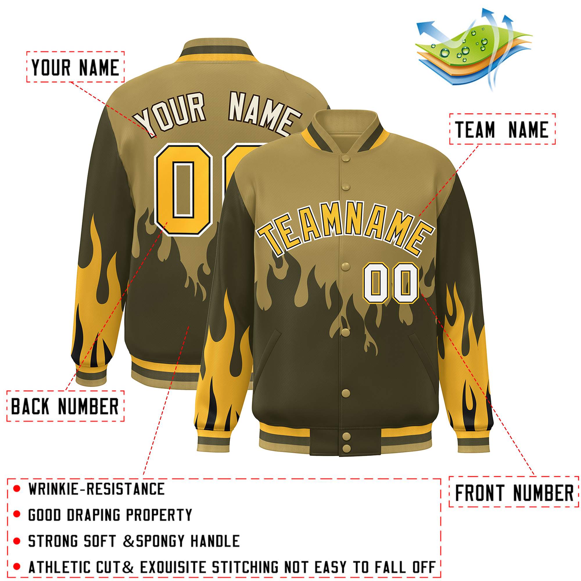 Custom Desert Yellow Olive-Gold Flame Graffiti Pattern Bomber Varsity Full-Snap Jacket