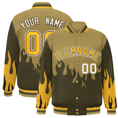 Custom Desert Yellow Olive-Gold Flame Graffiti Pattern Bomber Varsity Full-Snap Jacket