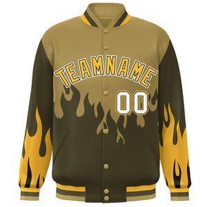 Custom Desert Yellow Olive-Gold Flame Graffiti Pattern Bomber Varsity Full-Snap Jacket