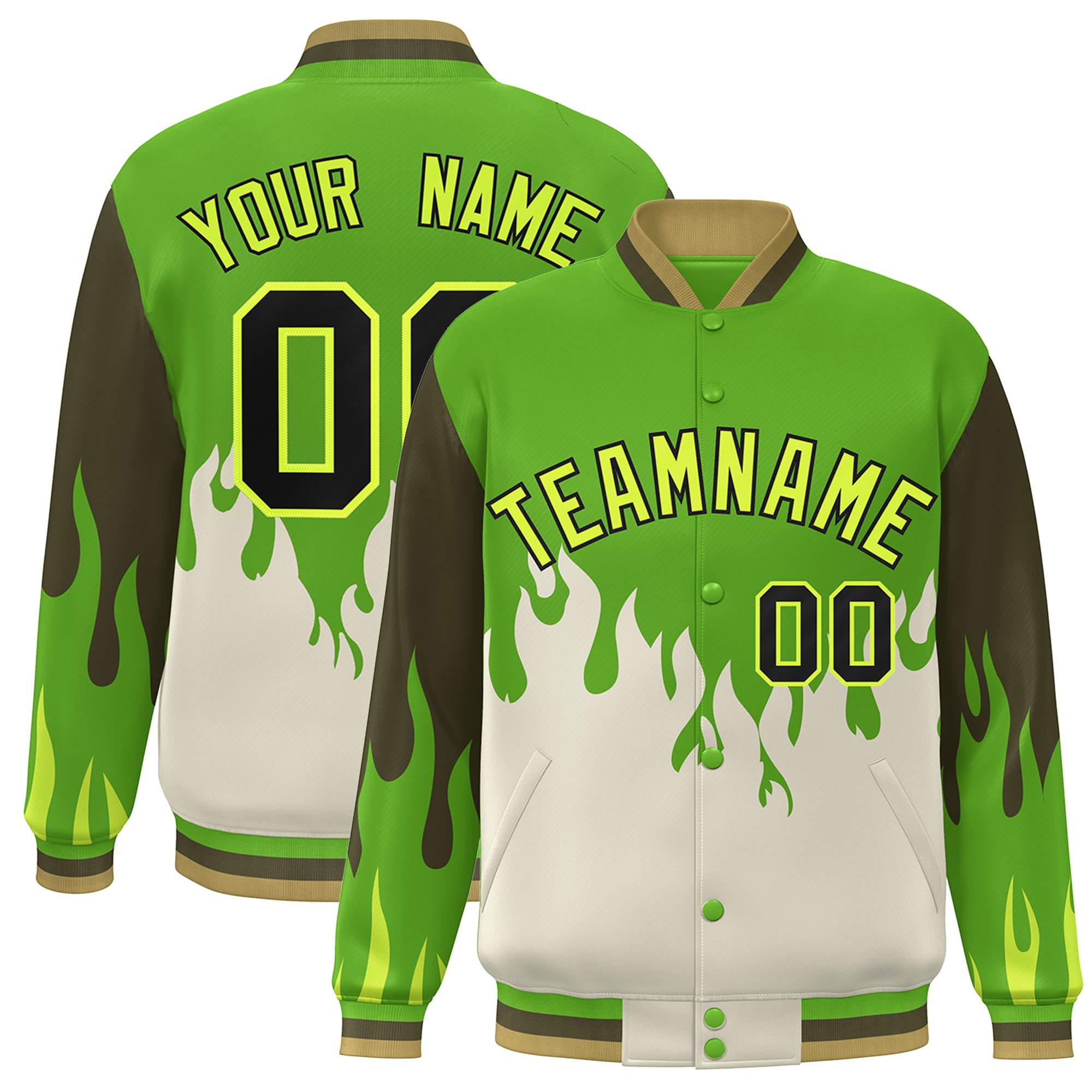 Custom Green Cream Flame Graffiti Pattern Bomber Varsity Full-Snap Jacket