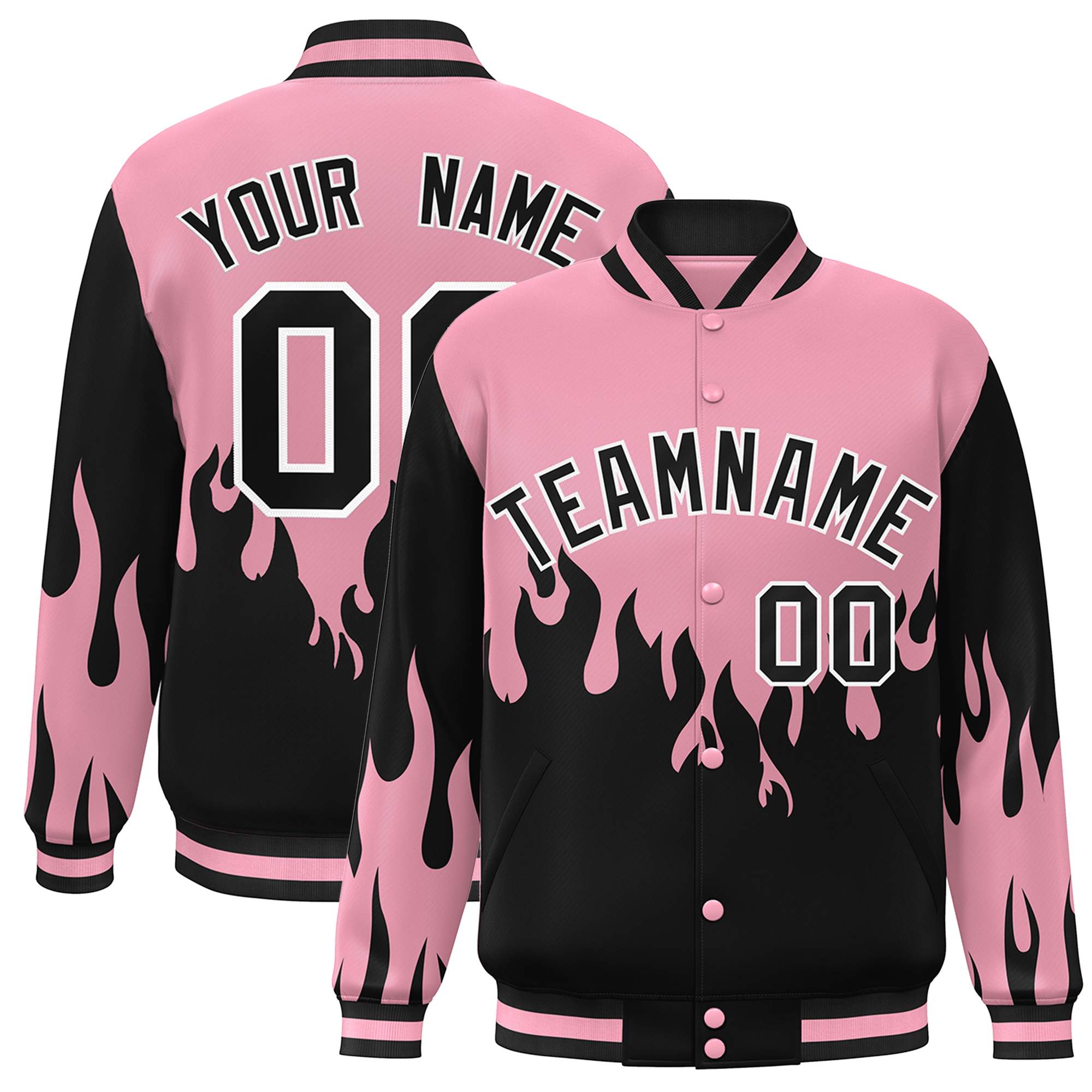 Custom Pink Black Flame Graffiti Pattern Bomber Varsity Full-Snap Jacket