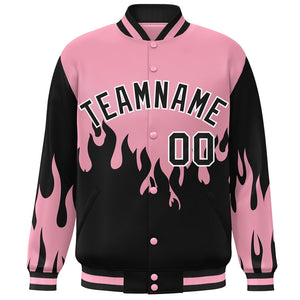 Custom Pink Black Flame Graffiti Pattern Bomber Varsity Full-Snap Jacket