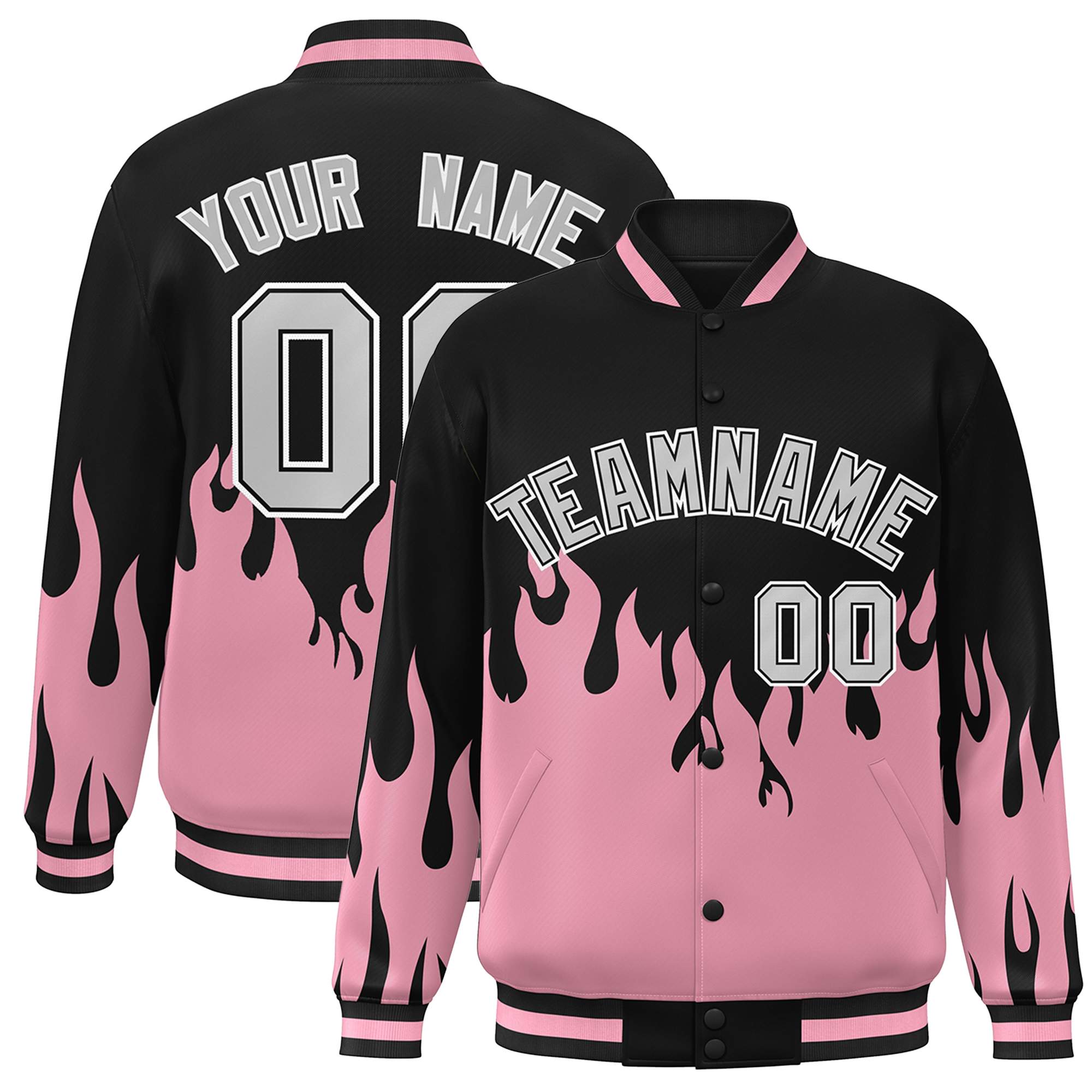 Custom Pink Black-Gray Flame Graffiti Pattern Bomber Varsity Full-Snap Jacket