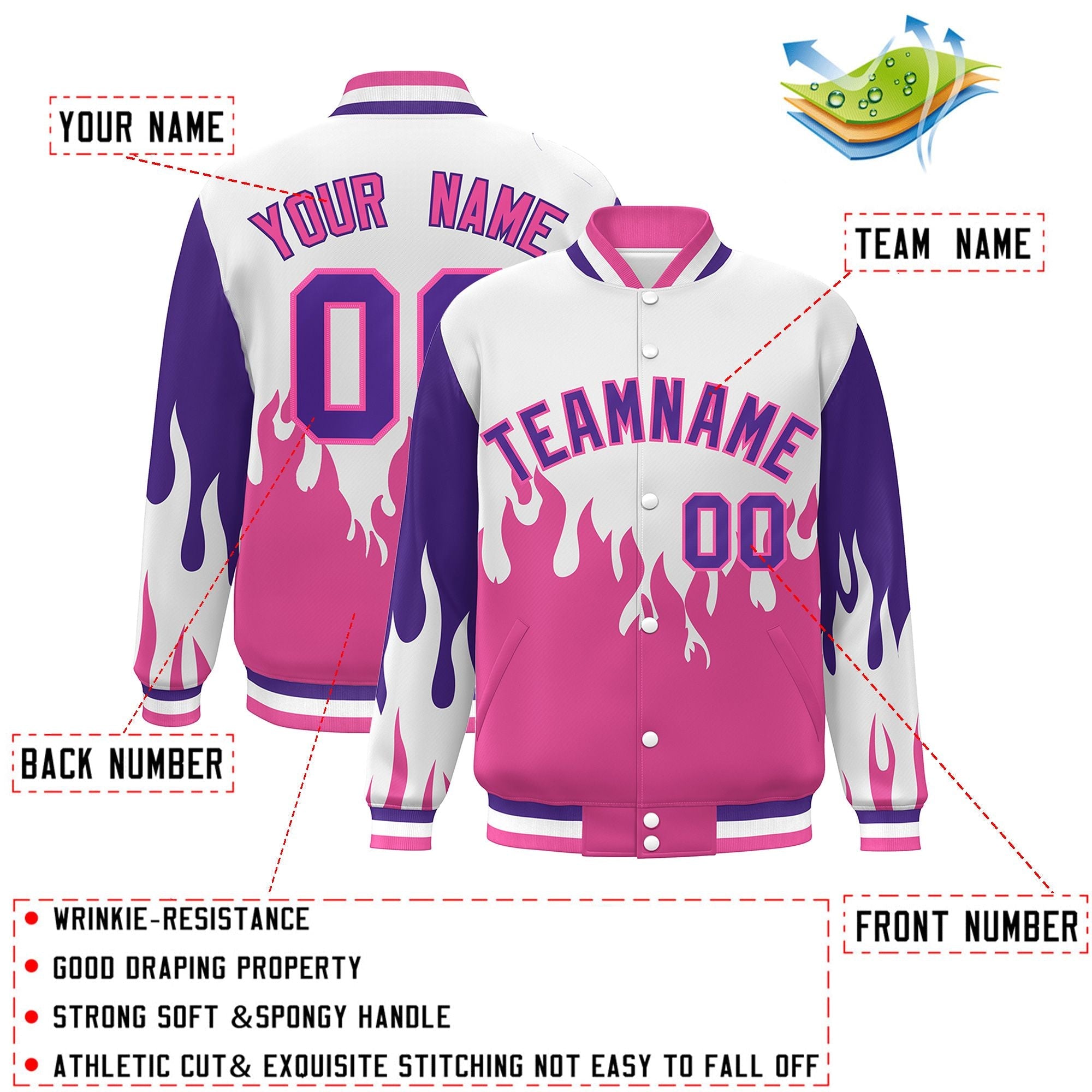 Custom White Pink-Purple Flame Graffiti Pattern Bomber Varsity Full-Snap Jacket