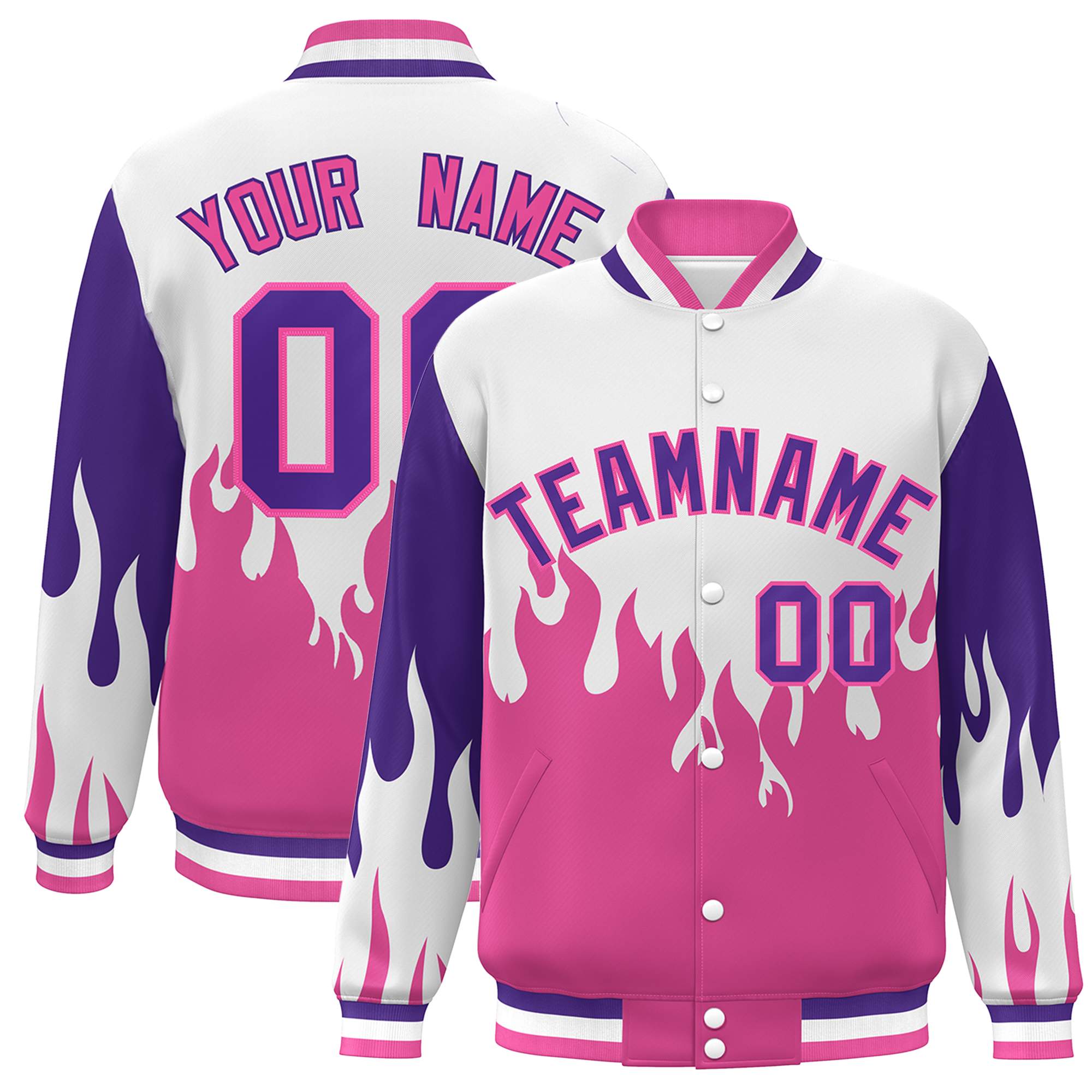 Custom White Pink-Purple Flame Graffiti Pattern Bomber Varsity Full-Snap Jacket