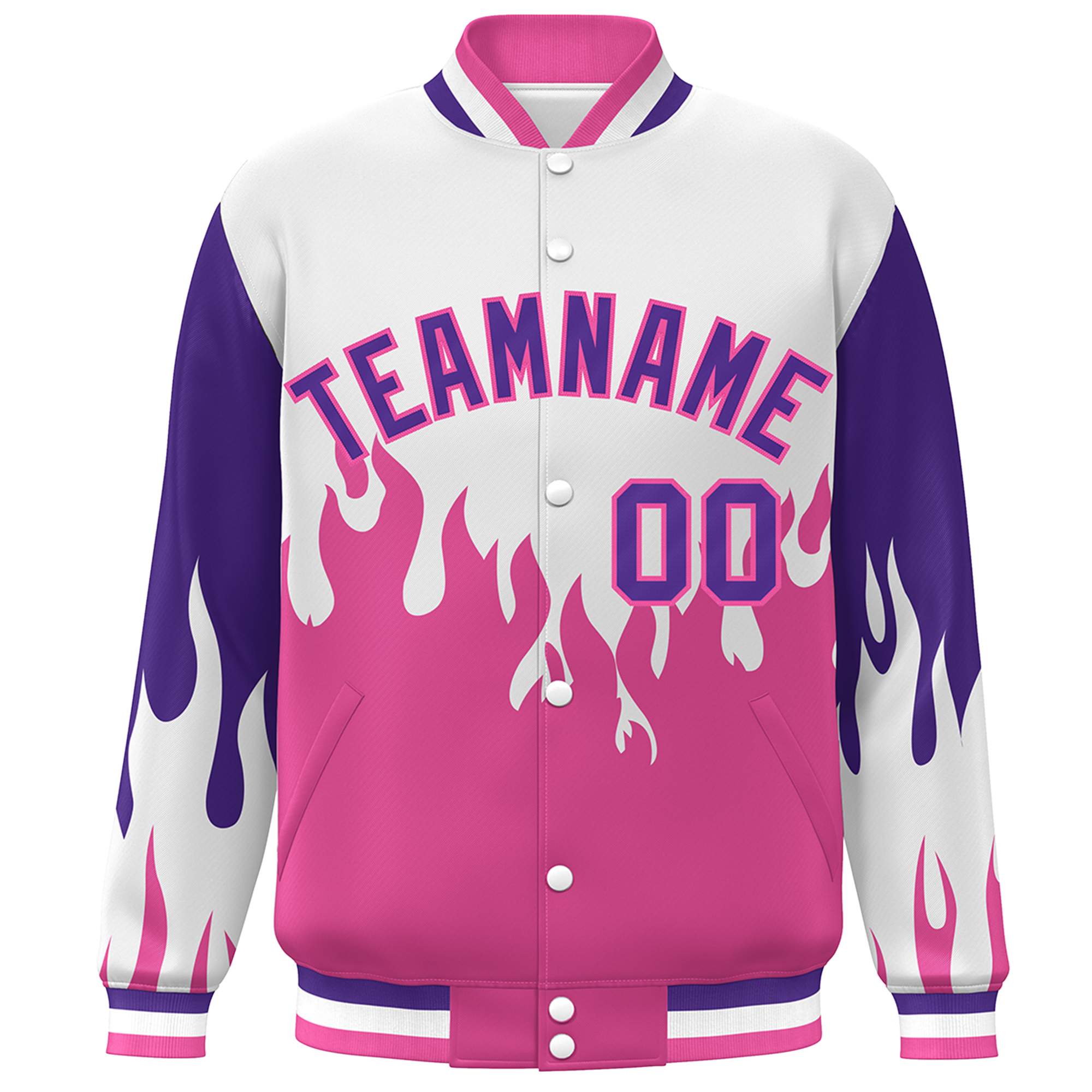 Custom White Pink-Purple Flame Graffiti Pattern Bomber Varsity Full-Snap Jacket