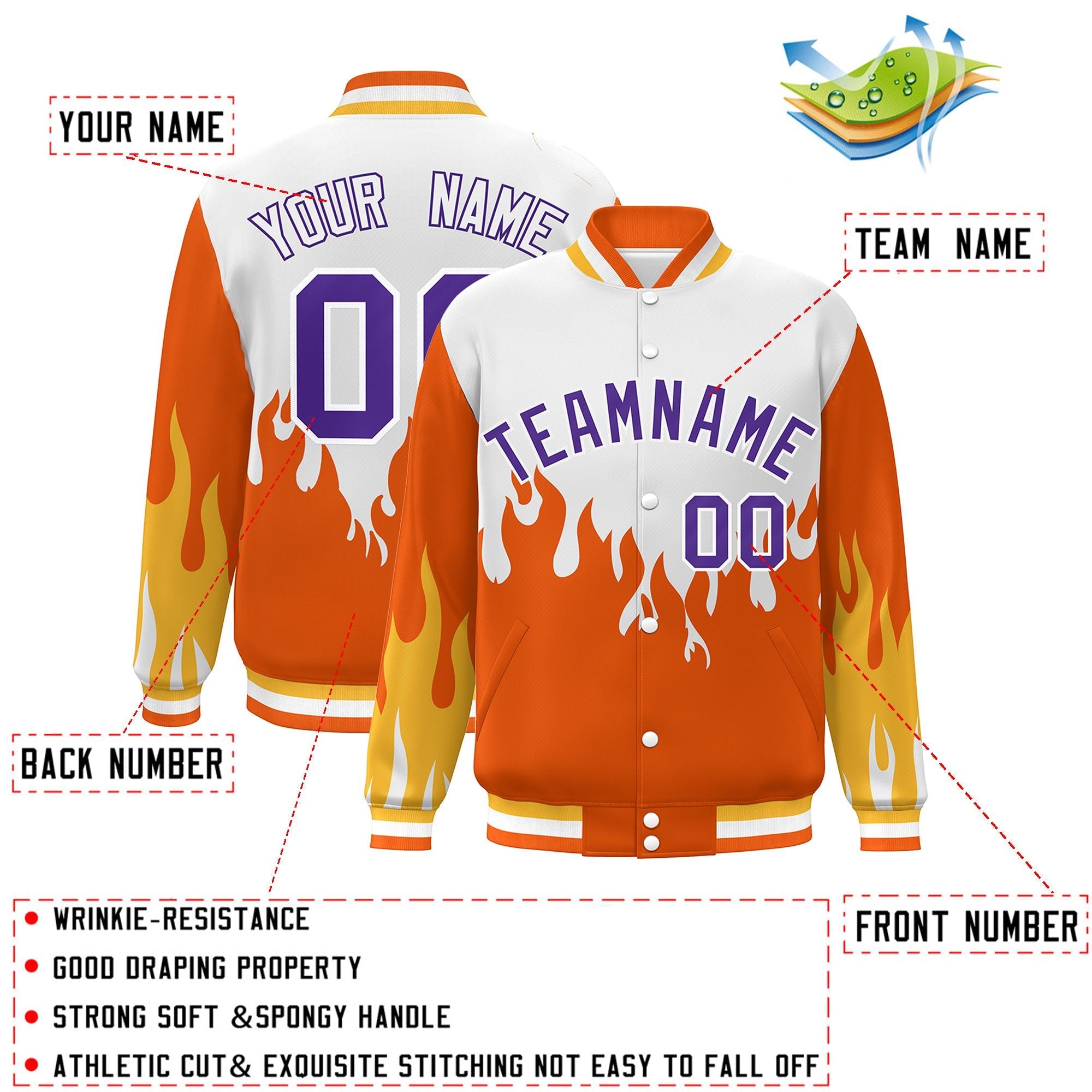 Custom White Orange-Purple Flame Graffiti Pattern Bomber Varsity Full-Snap Jacket