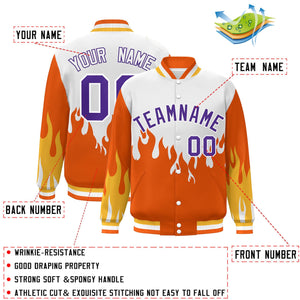 Custom White Orange-Purple Flame Graffiti Pattern Bomber Varsity Full-Snap Jacket