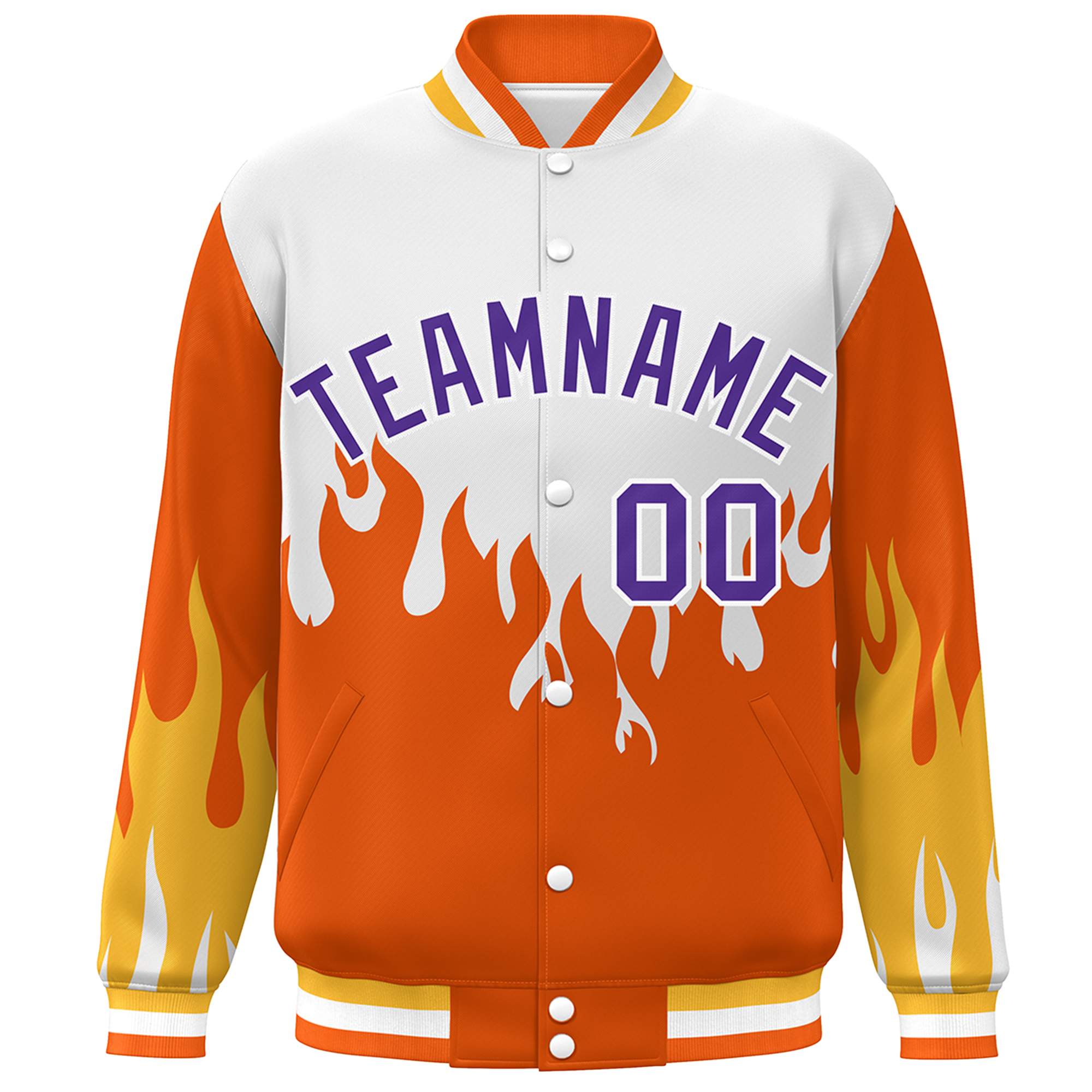 Custom White Orange-Purple Flame Graffiti Pattern Bomber Varsity Full-Snap Jacket