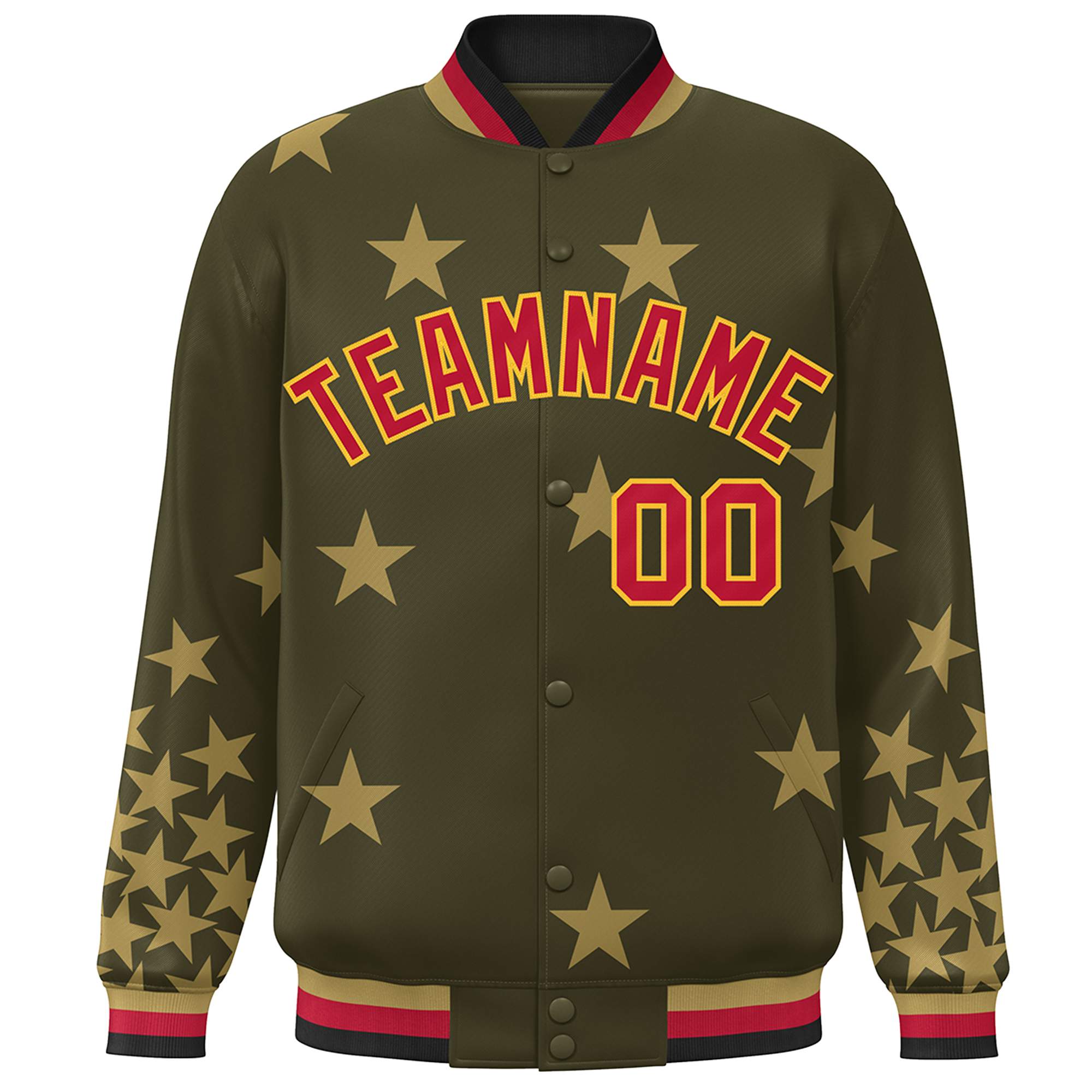 Custom Olive Red-Yellow Star Graffiti Pattern Varsity Full-Snap Bomber Jacket