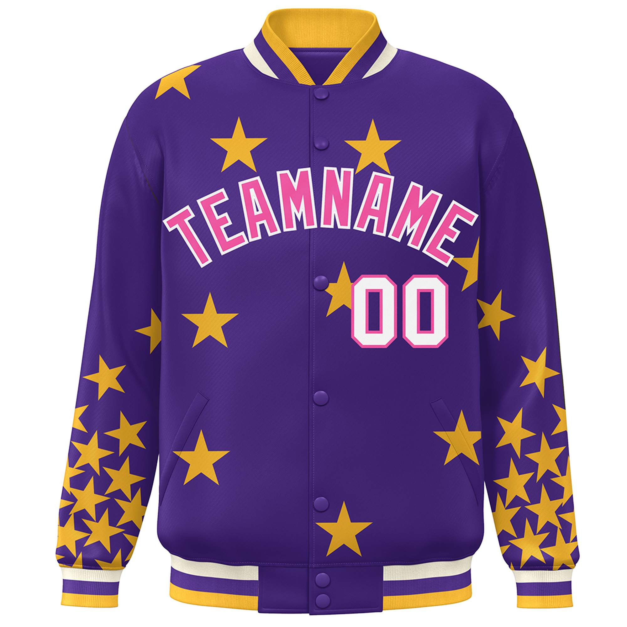 Custom Purple Pink-White Star Graffiti Pattern Varsity Full-Snap Bomber Jacket